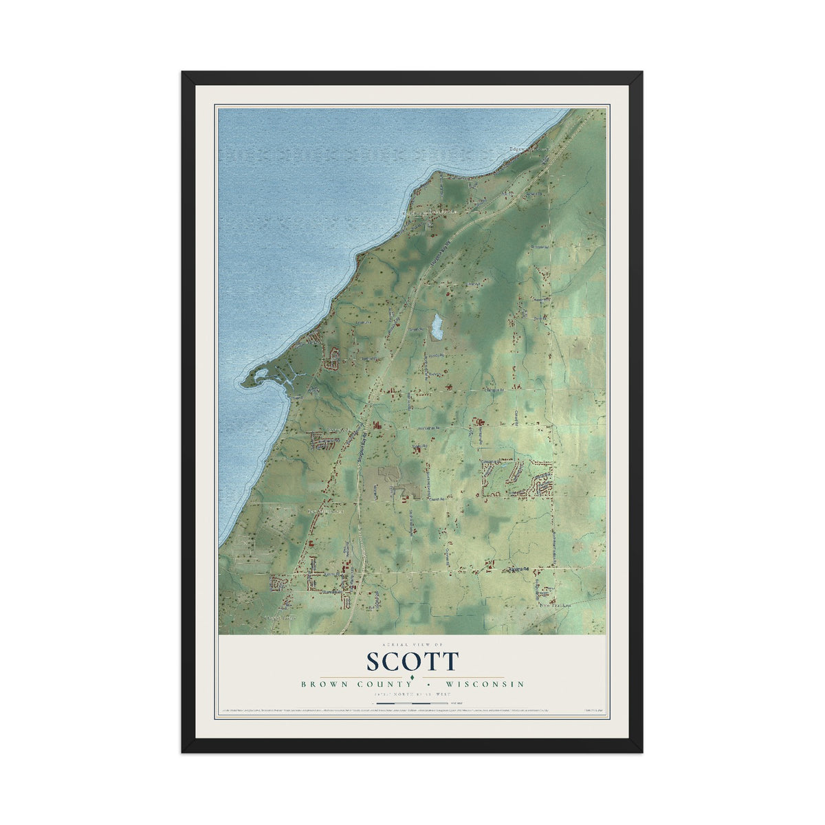 Map of Scott, Brown County, Wisconsin, 12 x 18 inch print in a black wood frame