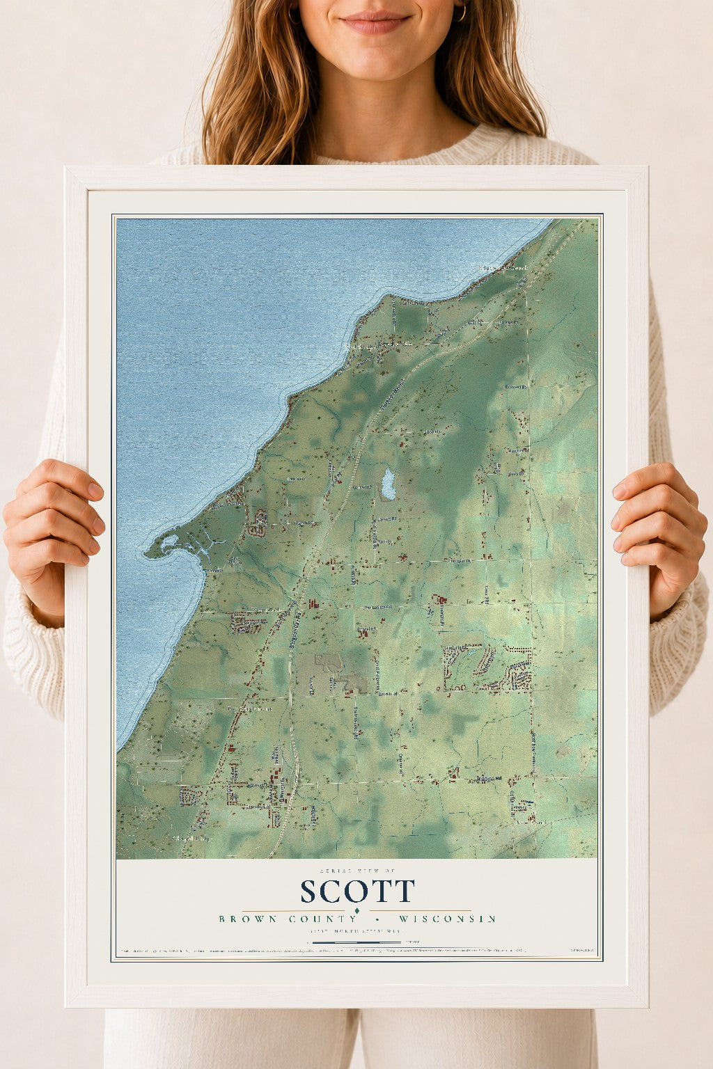 Map of Scott, Brown County, Wisconsin, 18 x 24 inch print in a white wood frame