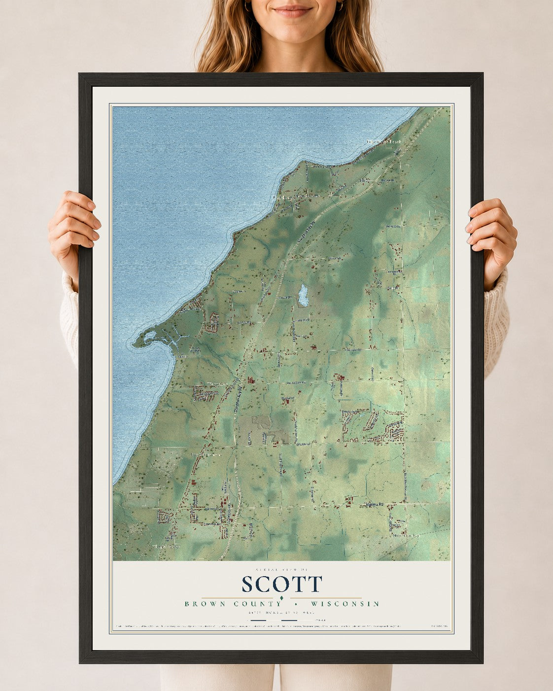 Map of Scott, Brown County, Wisconsin, 24 x 36 inch print in a black wood frame