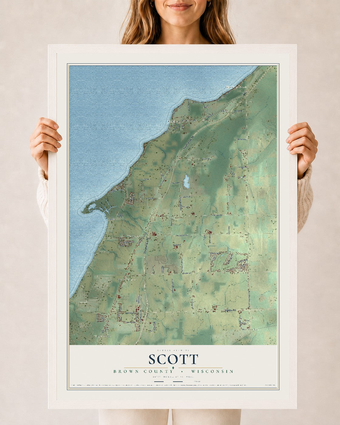 Map of Scott, Brown County, Wisconsin, 24 x 36 inch print in a white wood frame