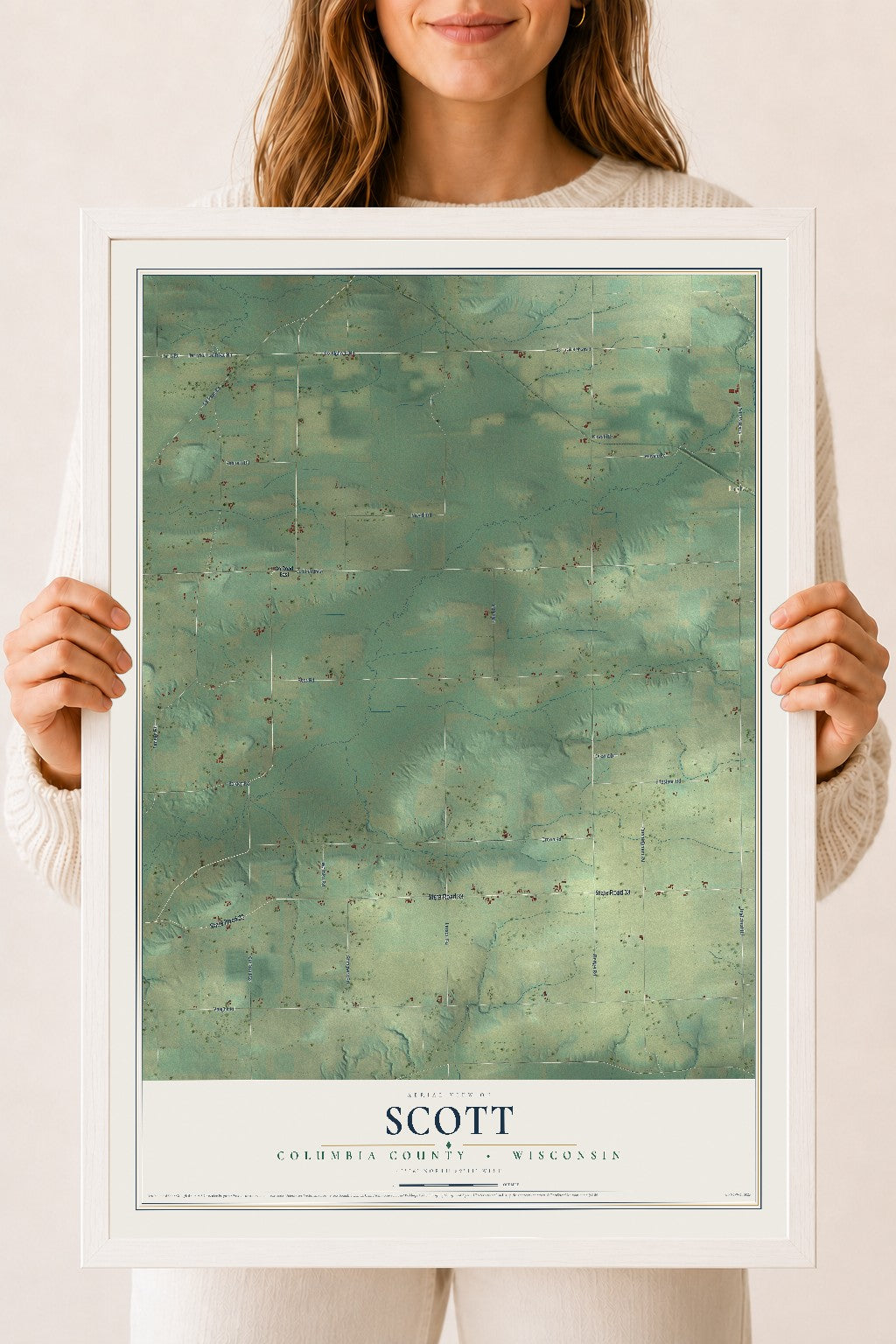 Map of Scott, Columbia County, Wisconsin, 18 x 24 inch print in a white wood frame