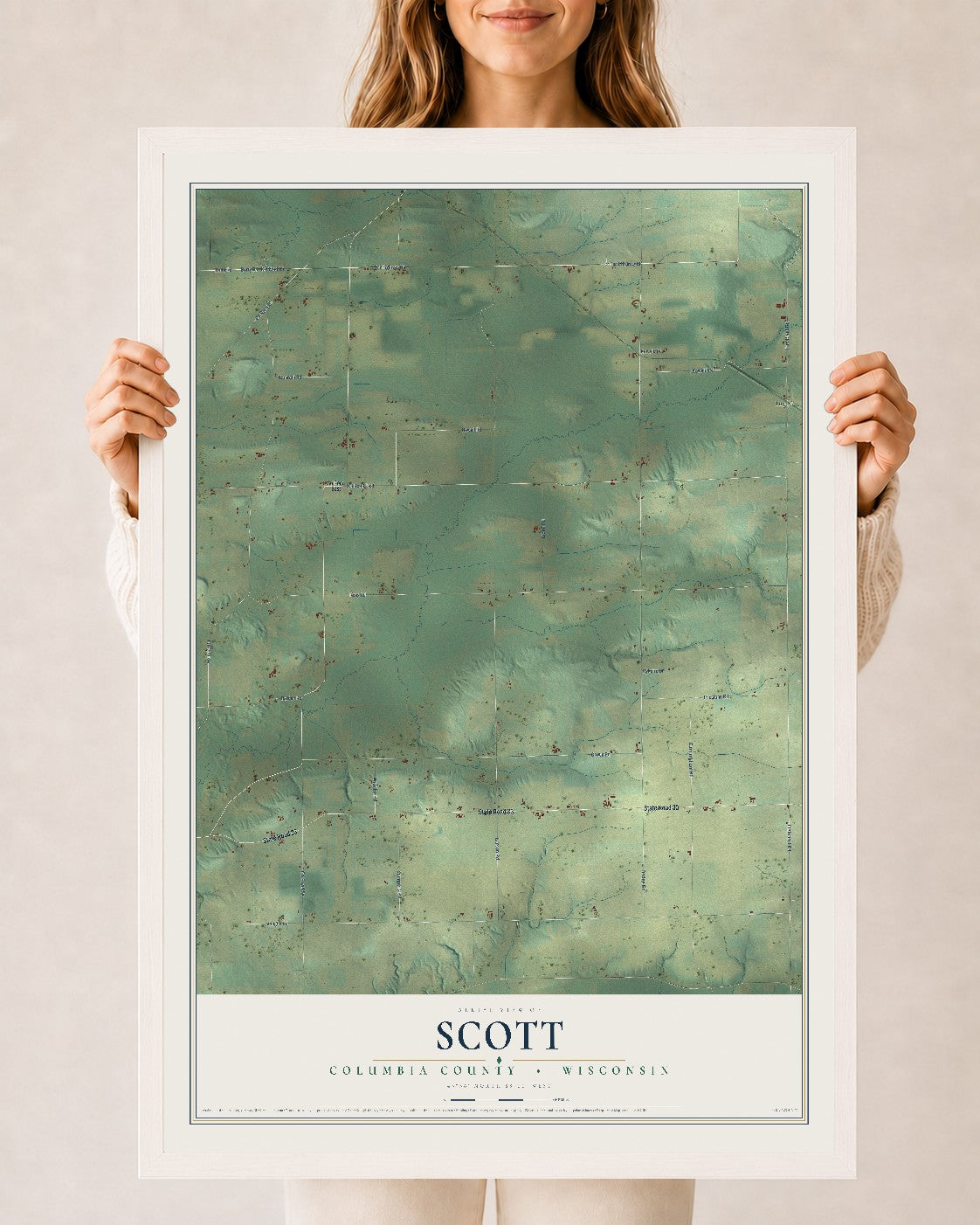 Map of Scott, Columbia County, Wisconsin, 24 x 36 inch print in a white wood frame