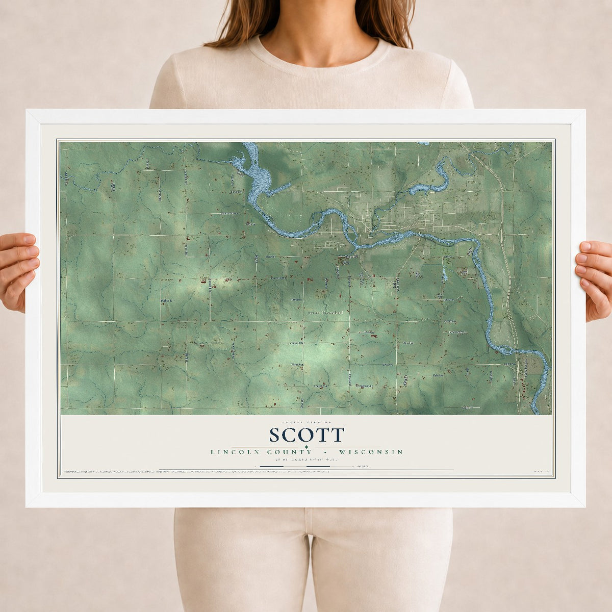 Map of Scott, Lincoln County, Wisconsin, 18 x 24 inch print in a white wood frame