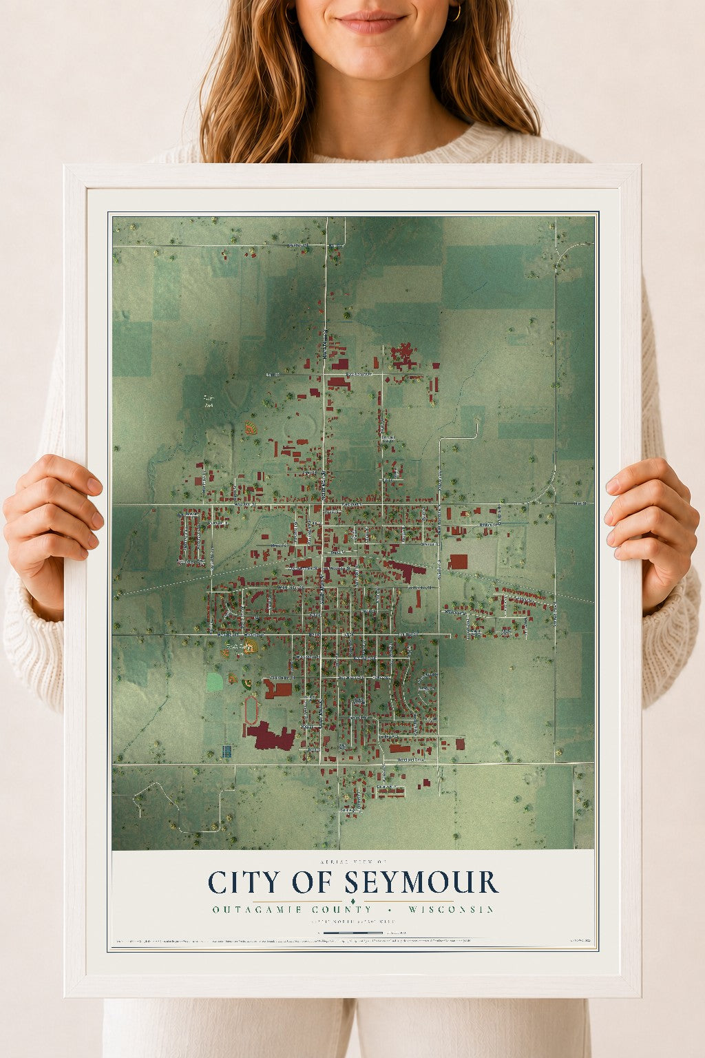 Map of Seymour, Wisconsin, 18 x 24 inch print in a white wood frame