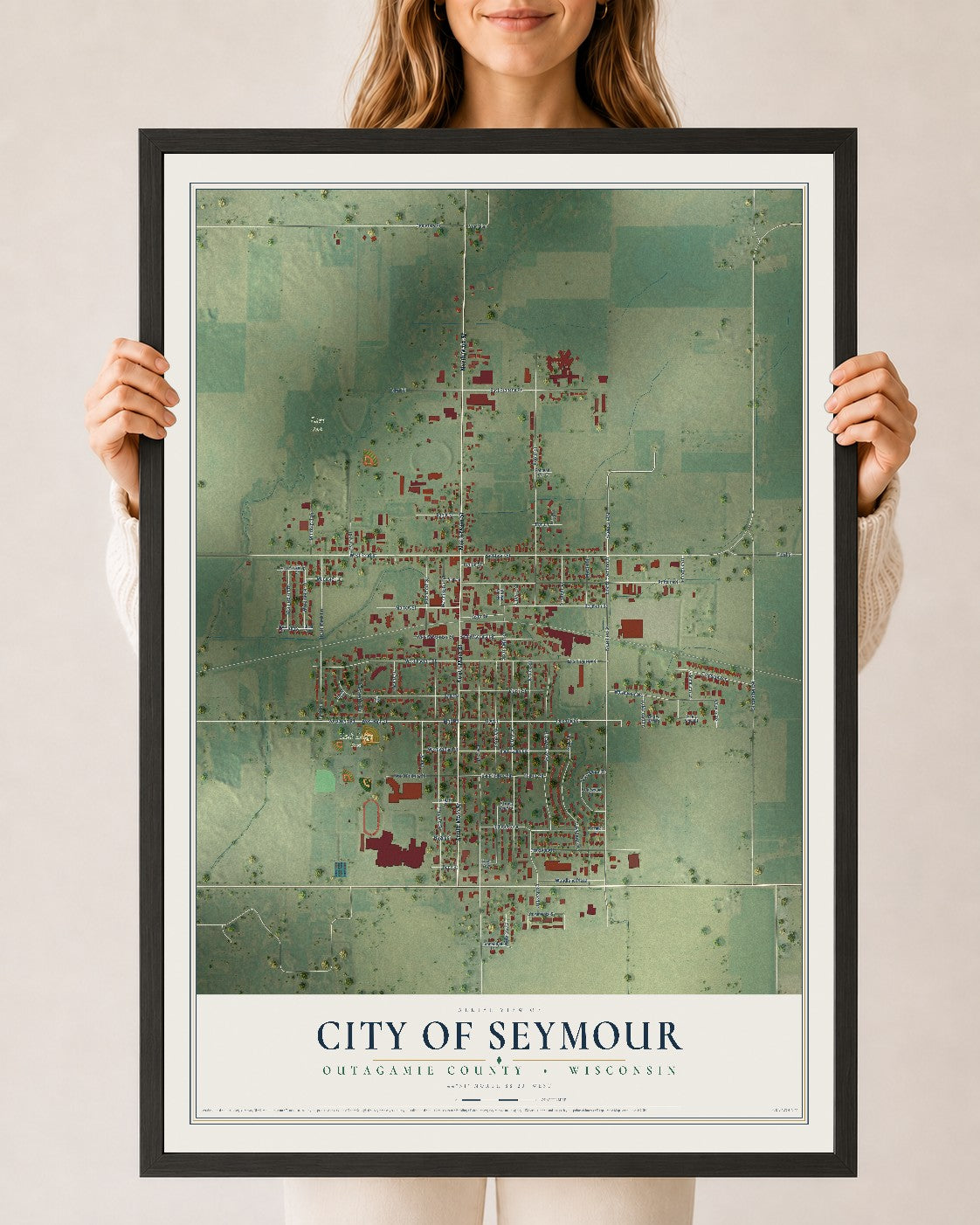 Map of Seymour, Wisconsin, 24 x 36 inch print in a black wood frame