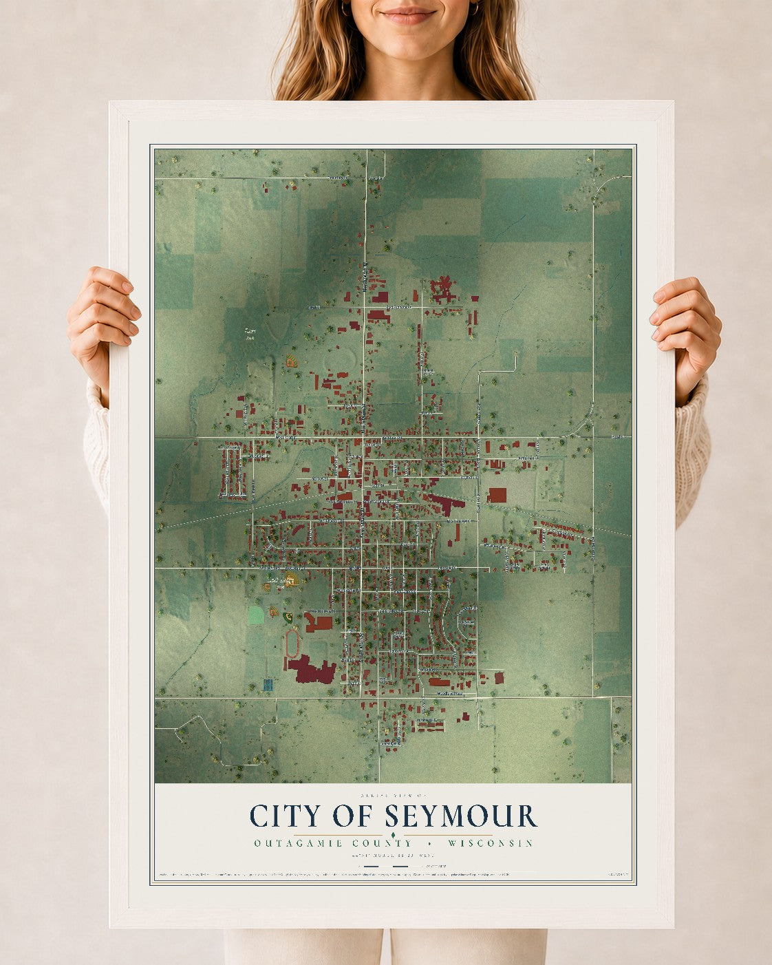 Map of Seymour, Wisconsin, 24 x 36 inch print in a white wood frame