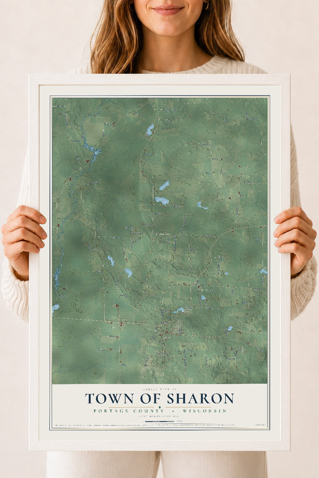 Map of the Town of Sharon, Portage County, Wisconsin, 18 x 24 inch print in a white wood frame