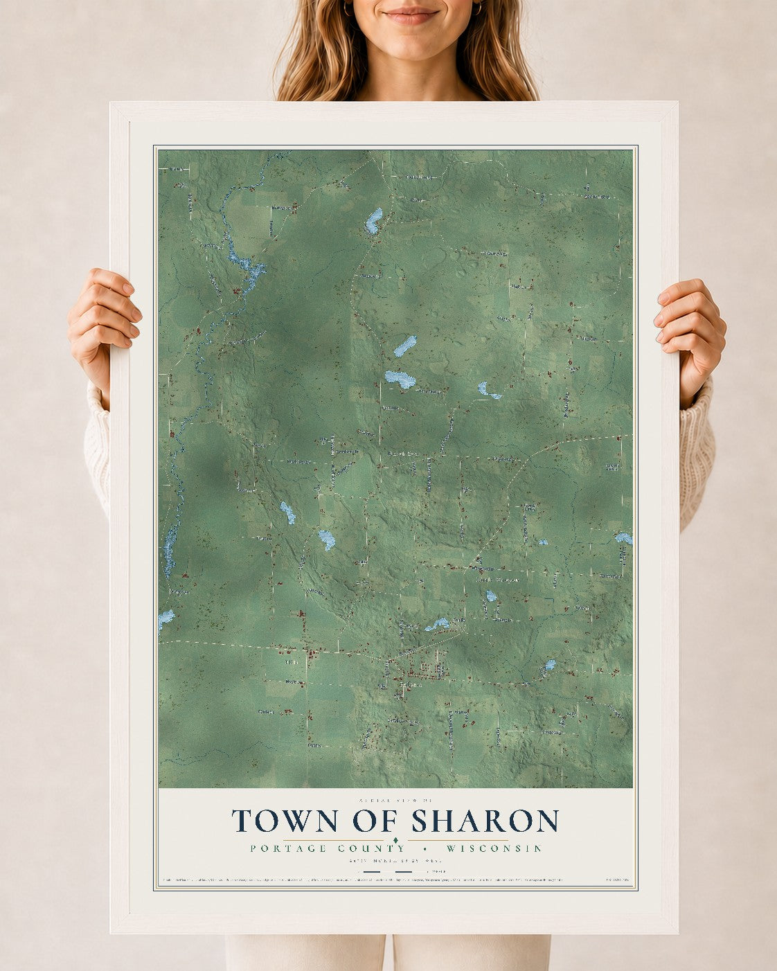 Map of the Town of Sharon, Portage County, Wisconsin, 24 x 36 inch print in a white wood frame