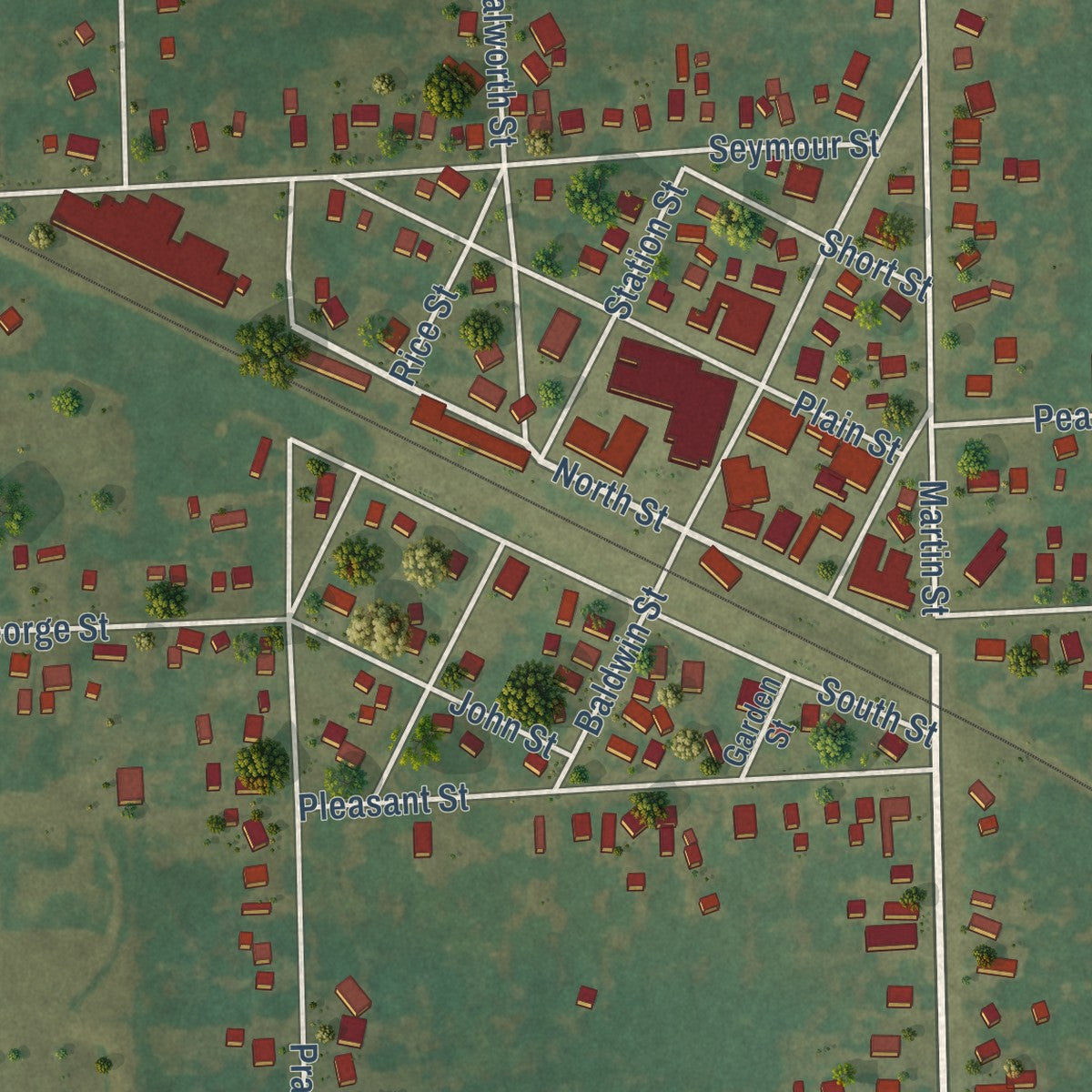 Close-up of the map of Sharon, Wisconsin print showing street and building detail