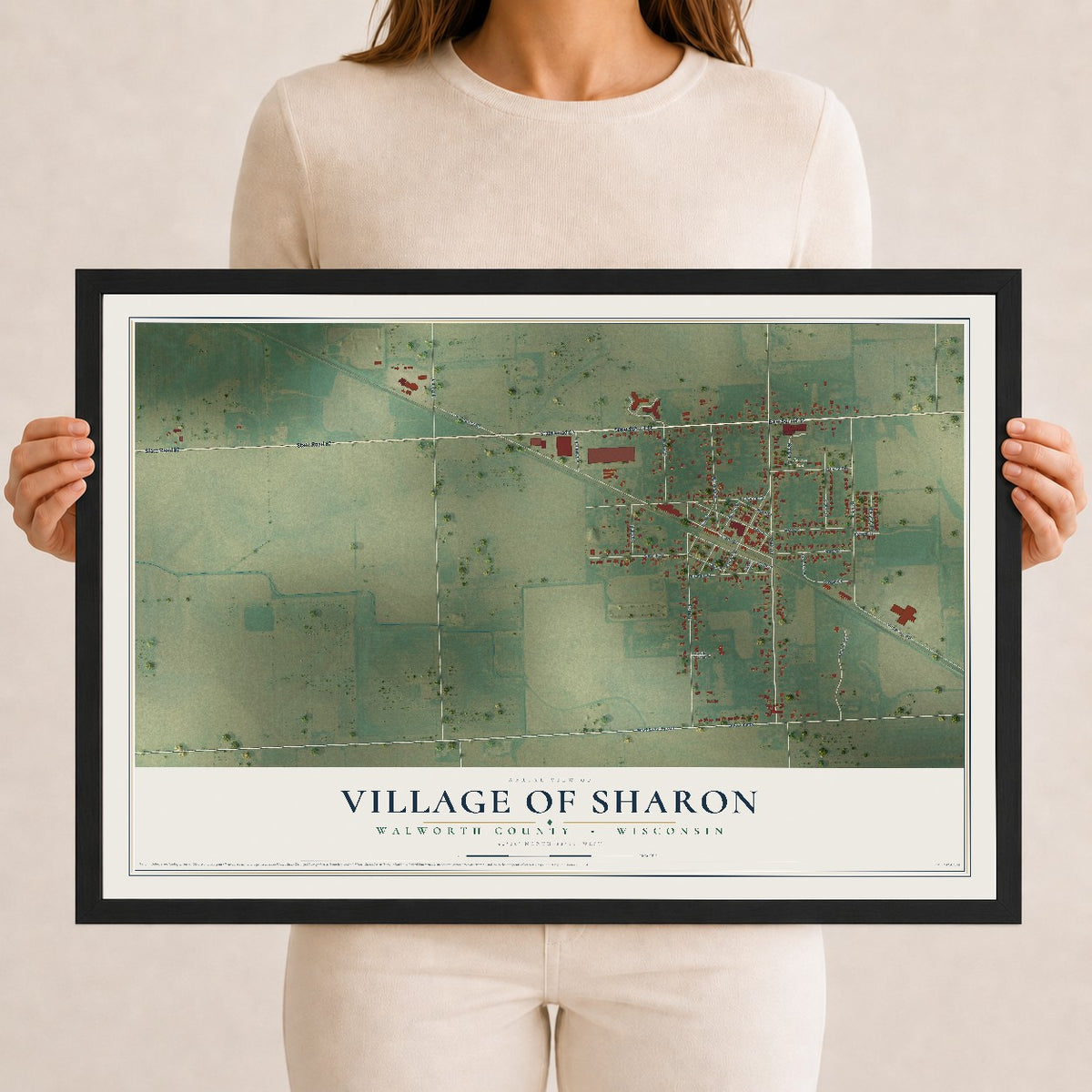 Map of Sharon, Wisconsin, 12 x 18 inch print in a black wood frame