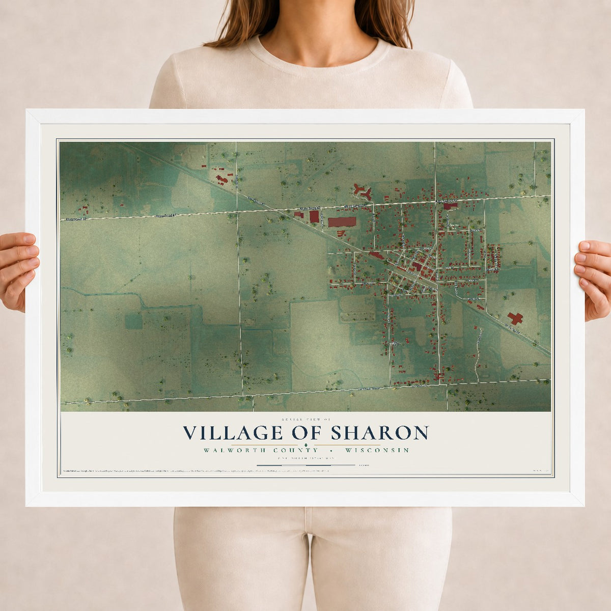 Map of Sharon, Wisconsin, 18 x 24 inch print in a white wood frame