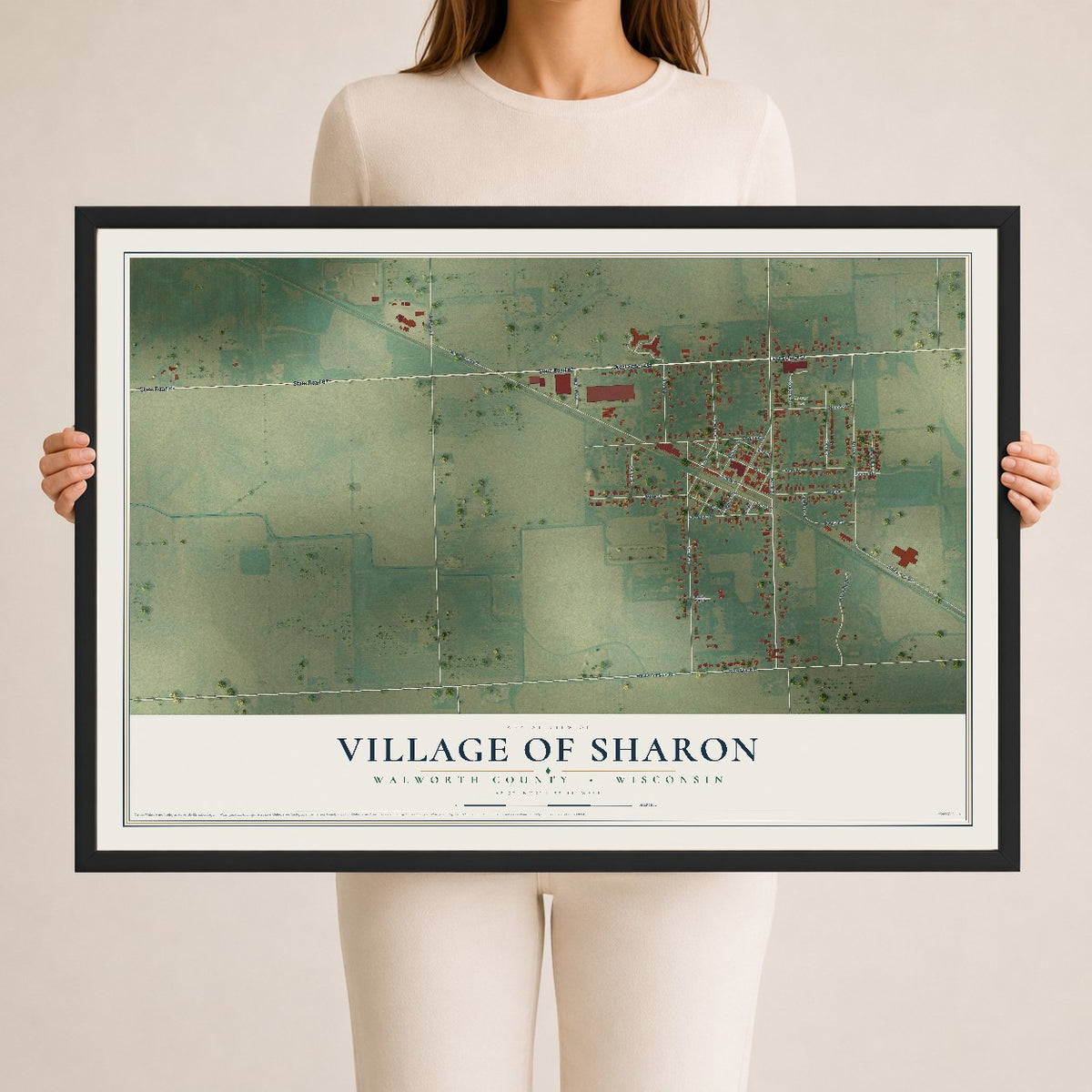 Map of Sharon, Wisconsin, 24 x 36 inch print in a black wood frame
