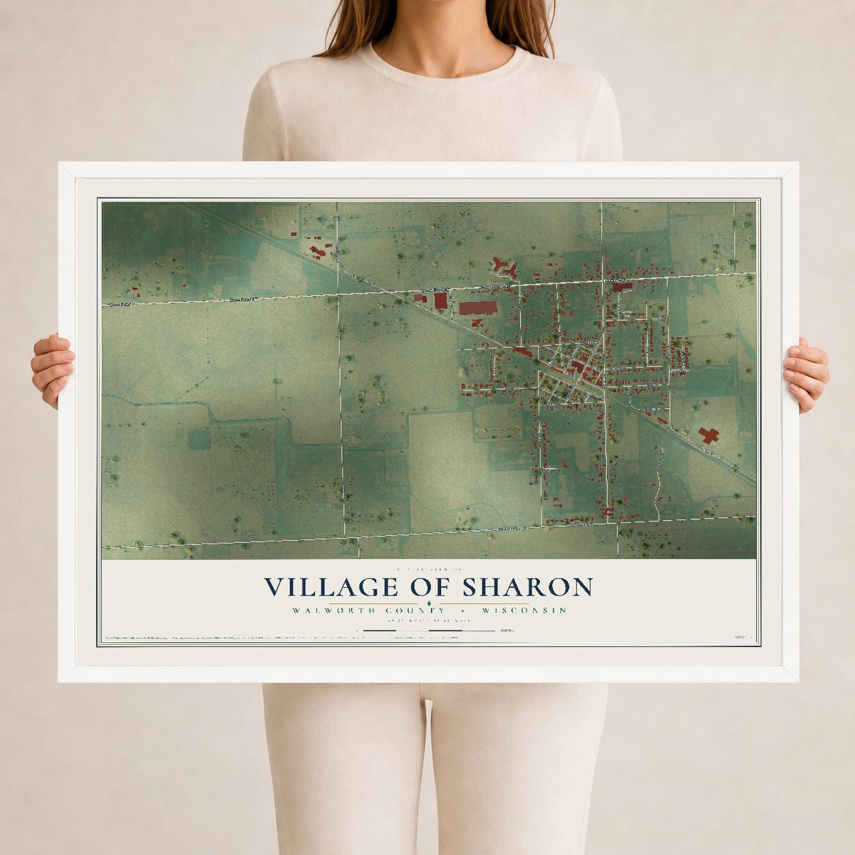Map of Sharon, Wisconsin, 24 x 36 inch print in a white wood frame