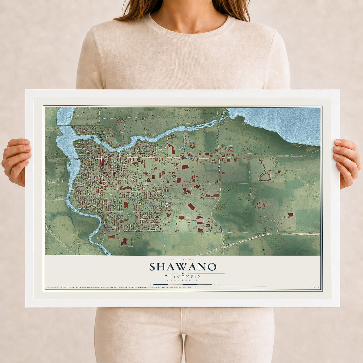 Map of Shawano, Wisconsin, 12 x 18 inch print in a white wood frame