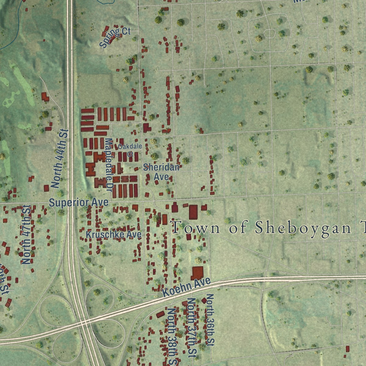 Second close-up of the map of the Town of Sheboygan, Wisconsin print showing more streets and buildings