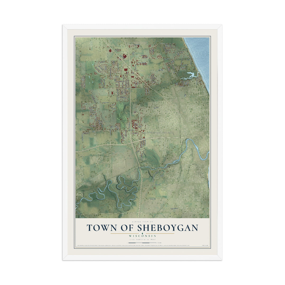 Map of the Town of Sheboygan, Wisconsin, 12 x 18 inch print in a white wood frame