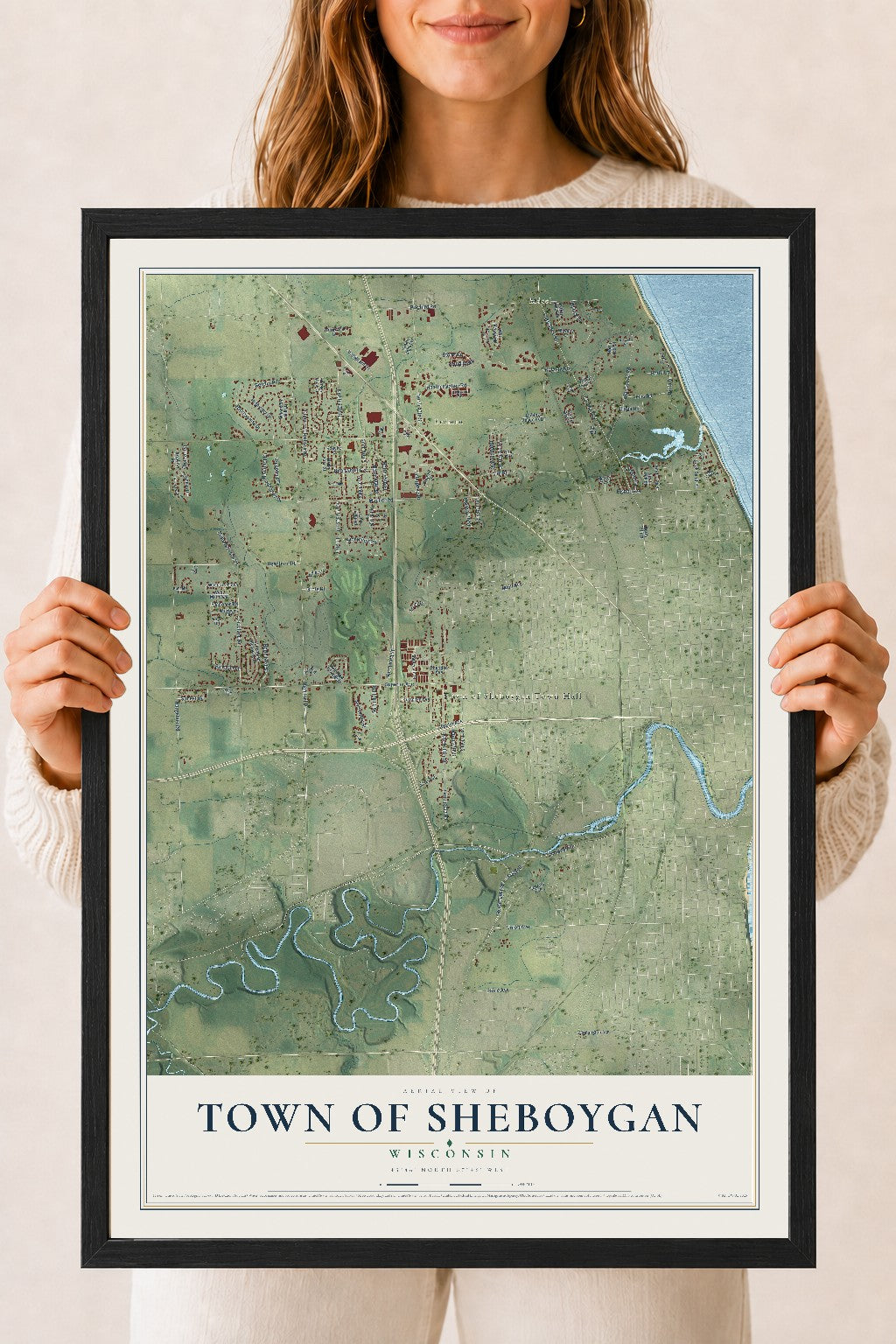 Map of the Town of Sheboygan, Wisconsin, 18 x 24 inch print in a black wood frame