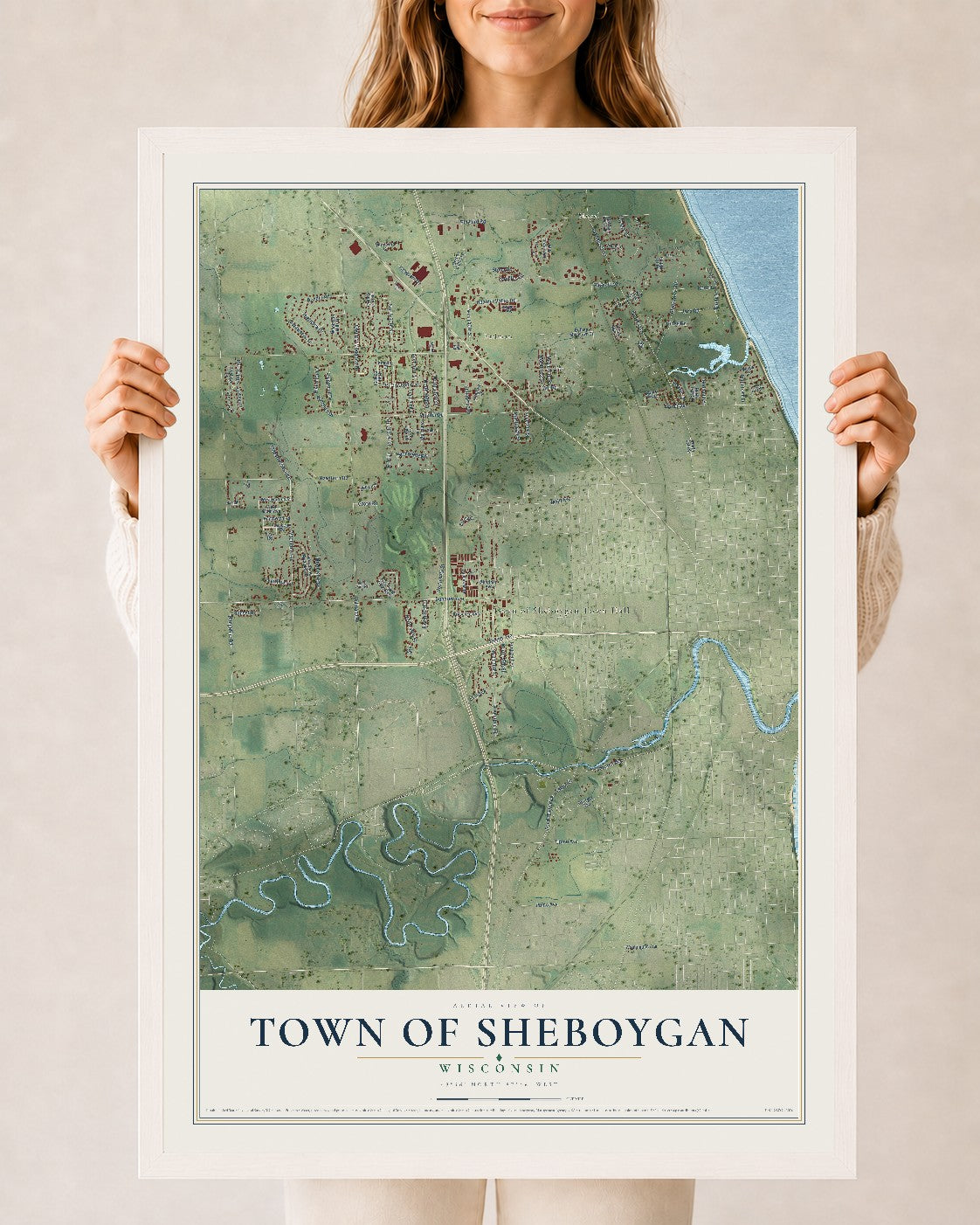 Map of the Town of Sheboygan, Wisconsin, 24 x 36 inch print in a white wood frame