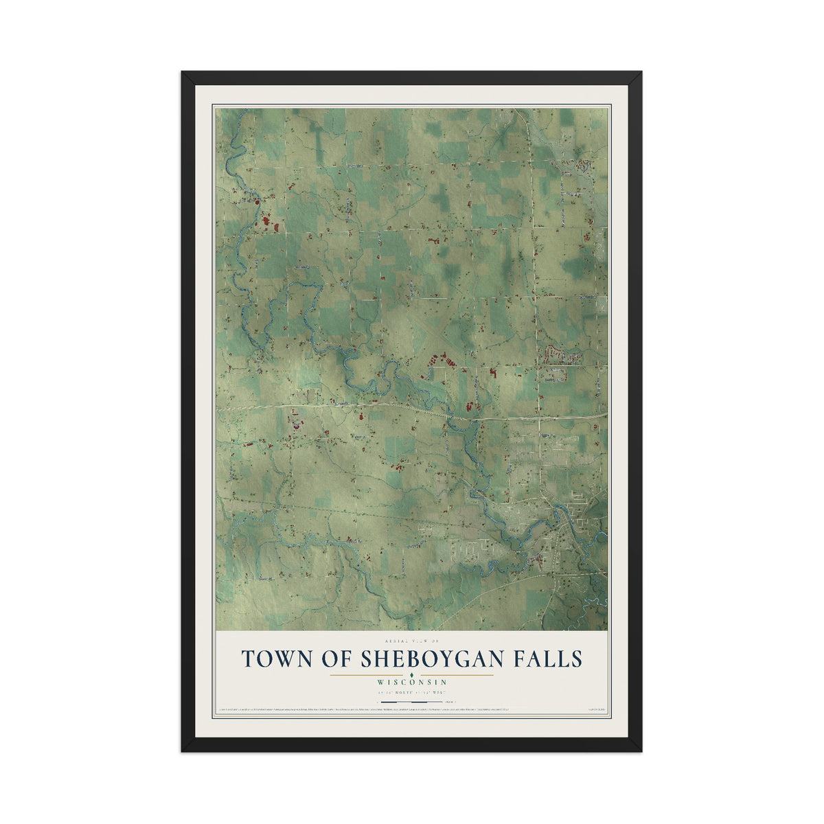 Map of the Town of Sheboygan Falls, Wisconsin, 12 x 18 inch print in a black wood frame