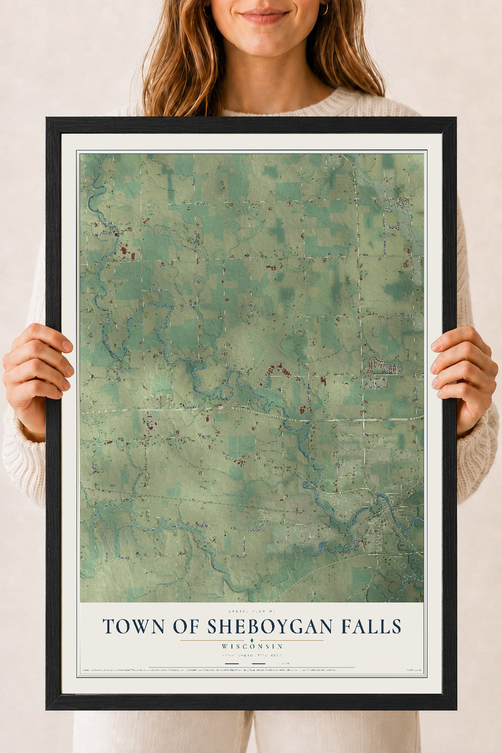 Map of the Town of Sheboygan Falls, Wisconsin, 18 x 24 inch print in a black wood frame