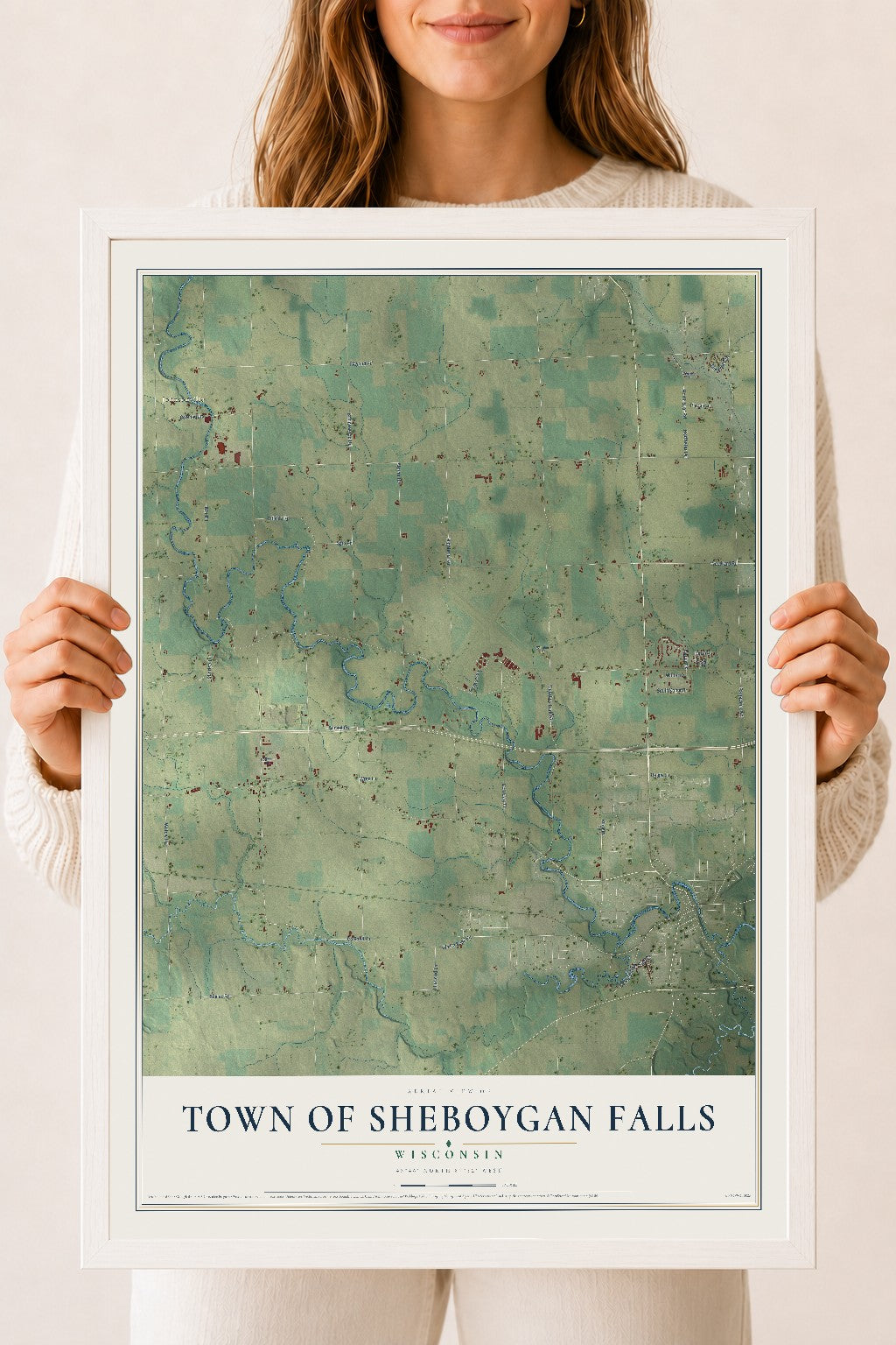 Map of the Town of Sheboygan Falls, Wisconsin, 18 x 24 inch print in a white wood frame