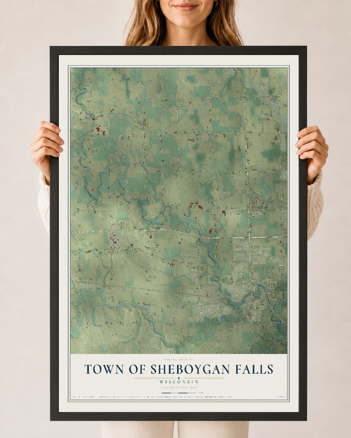 Map of the Town of Sheboygan Falls, Wisconsin, 24 x 36 inch print in a black wood frame