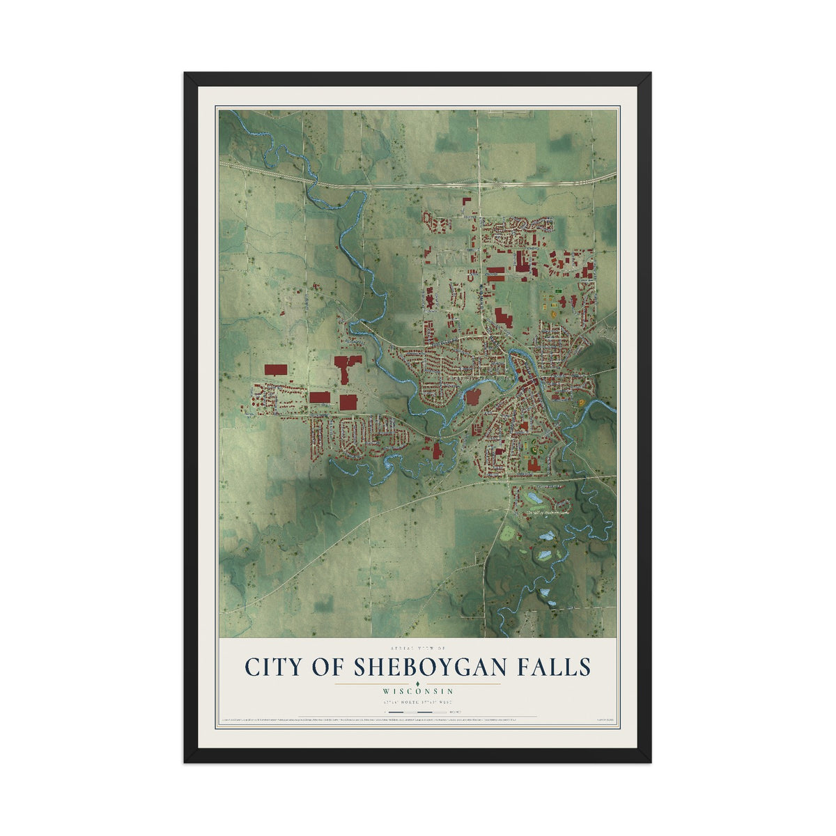 Map of Sheboygan Falls, Wisconsin, 12 x 18 inch print in a black wood frame