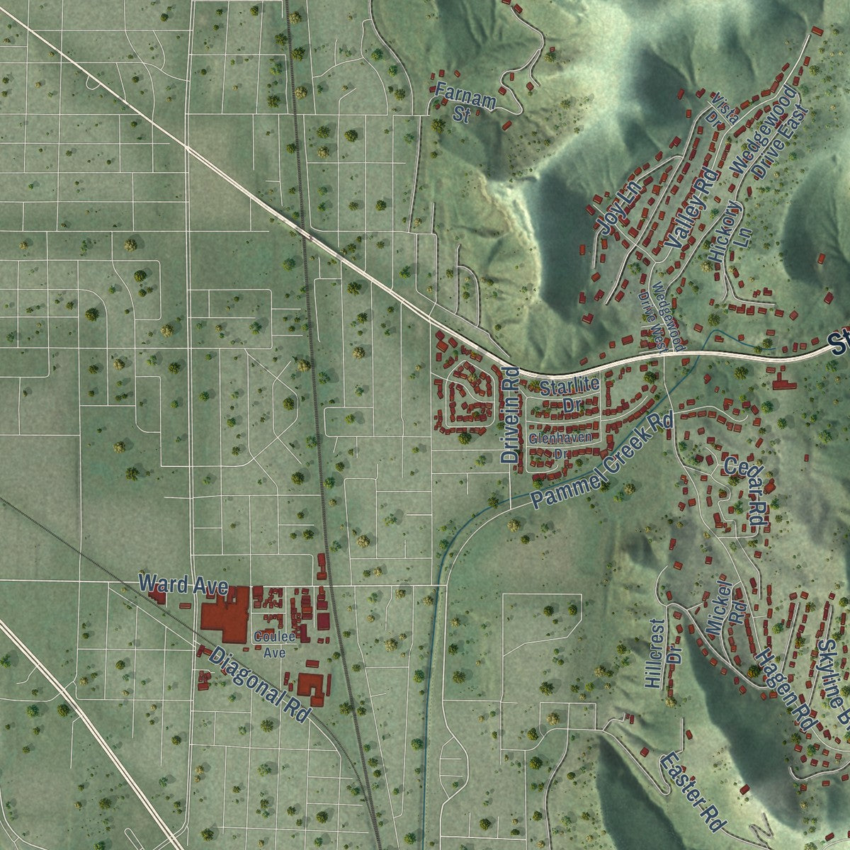 Second close-up of the map of Shelby, Wisconsin print showing more streets and buildings