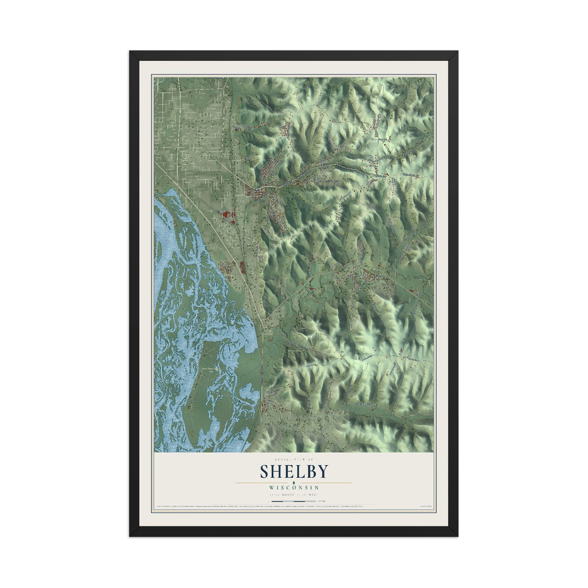 Map of Shelby, Wisconsin, 12 x 18 inch print in a black wood frame