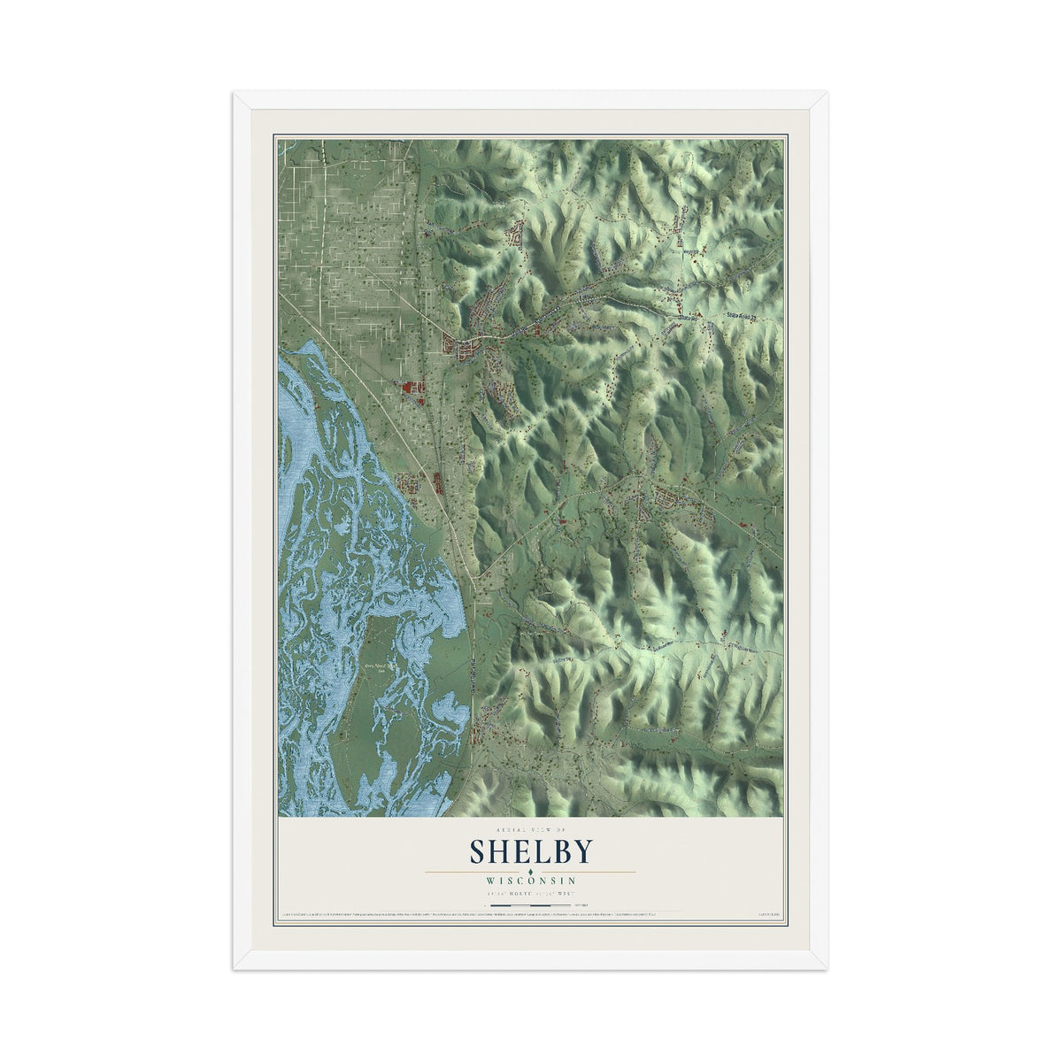 Map of Shelby, Wisconsin, 12 x 18 inch print in a white wood frame