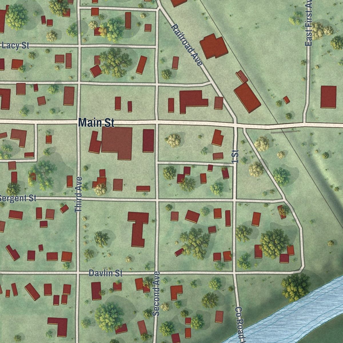 Close-up of the map of Sheldon, Rusk County, Wisconsin print showing street and building detail