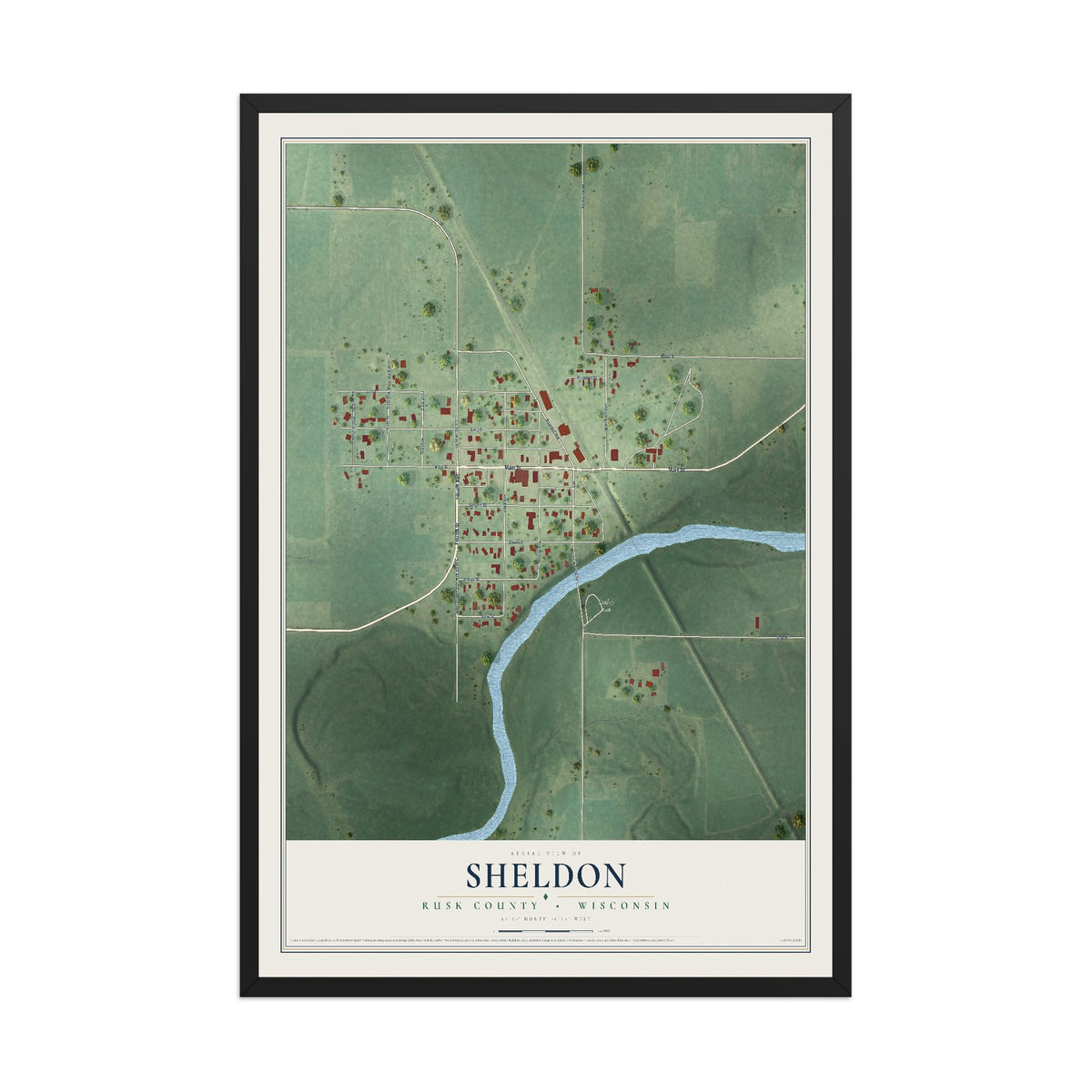 Map of Sheldon, Rusk County, Wisconsin, 12 x 18 inch print in a black wood frame