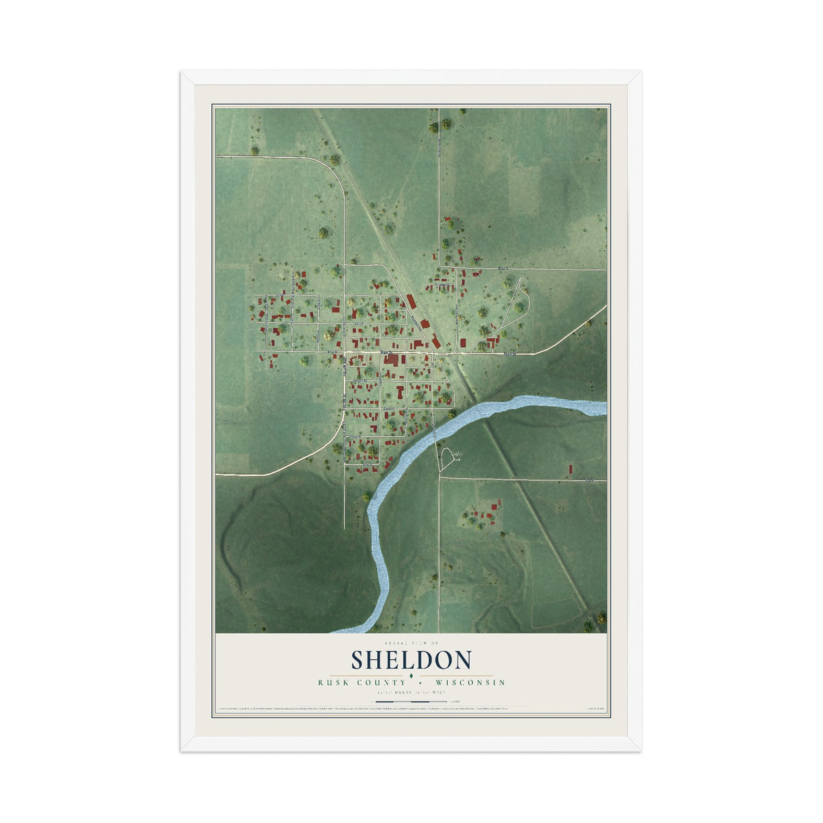 Map of Sheldon, Rusk County, Wisconsin, 12 x 18 inch print in a white wood frame