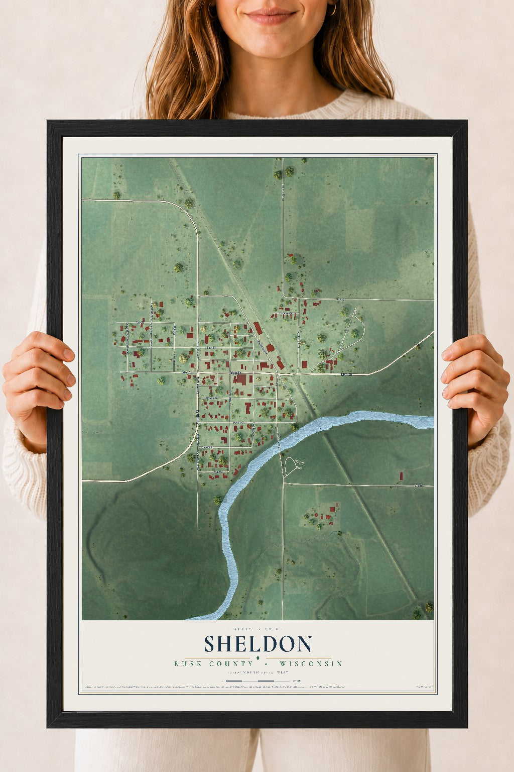Map of Sheldon, Rusk County, Wisconsin, 18 x 24 inch print in a black wood frame