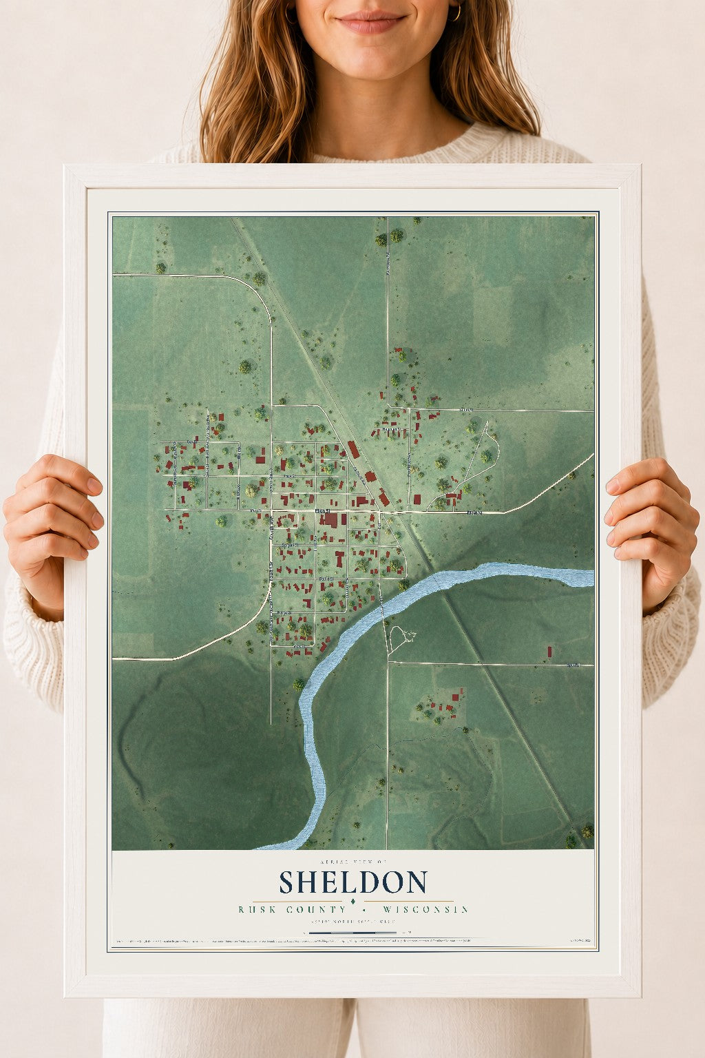 Map of Sheldon, Rusk County, Wisconsin, 18 x 24 inch print in a white wood frame