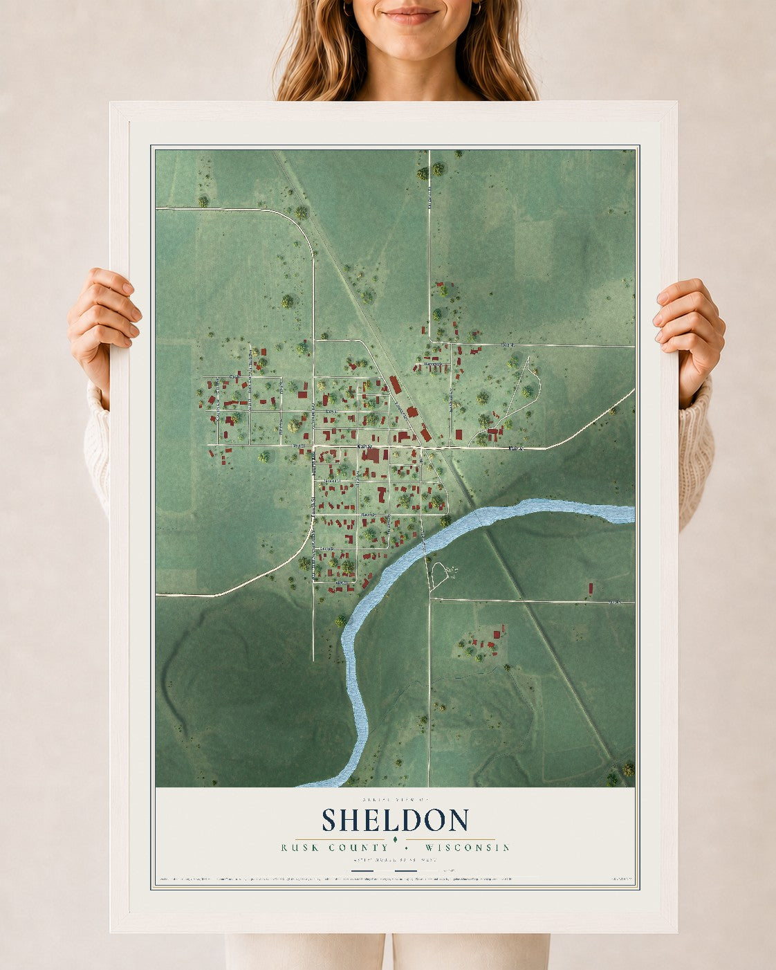 Map of Sheldon, Rusk County, Wisconsin, 24 x 36 inch print in a white wood frame