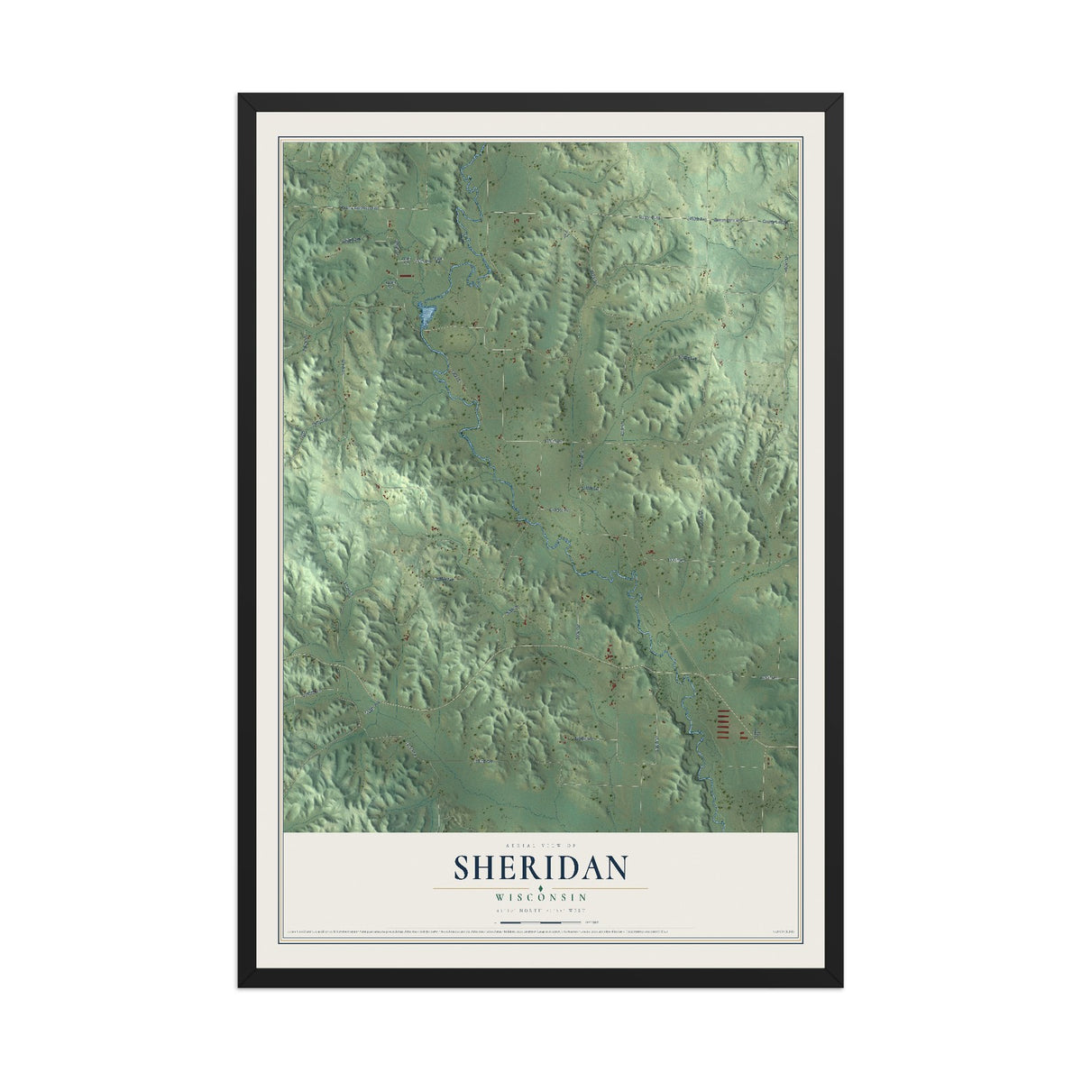 Map of Sheridan, Wisconsin, 12 x 18 inch print in a black wood frame