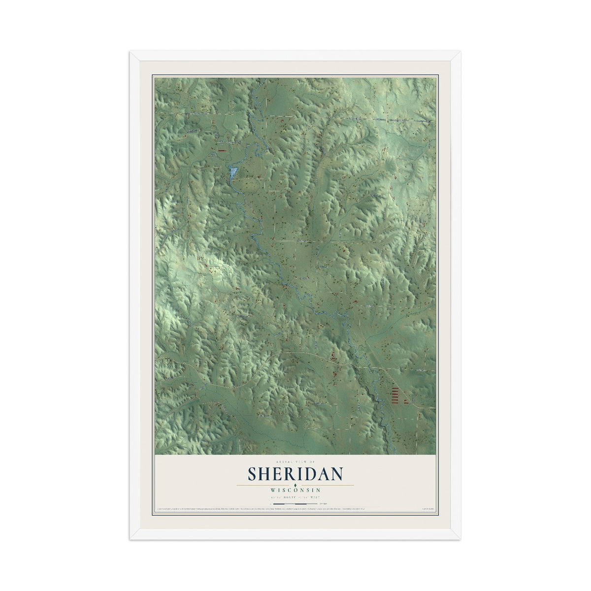 Map of Sheridan, Wisconsin, 12 x 18 inch print in a white wood frame