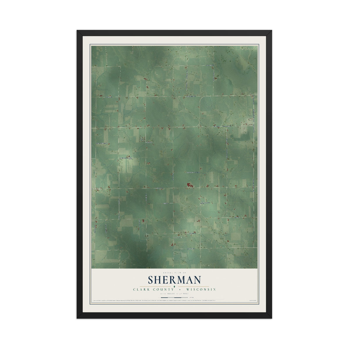 Map of Sherman, Clark County, Wisconsin, 12 x 18 inch print in a black wood frame
