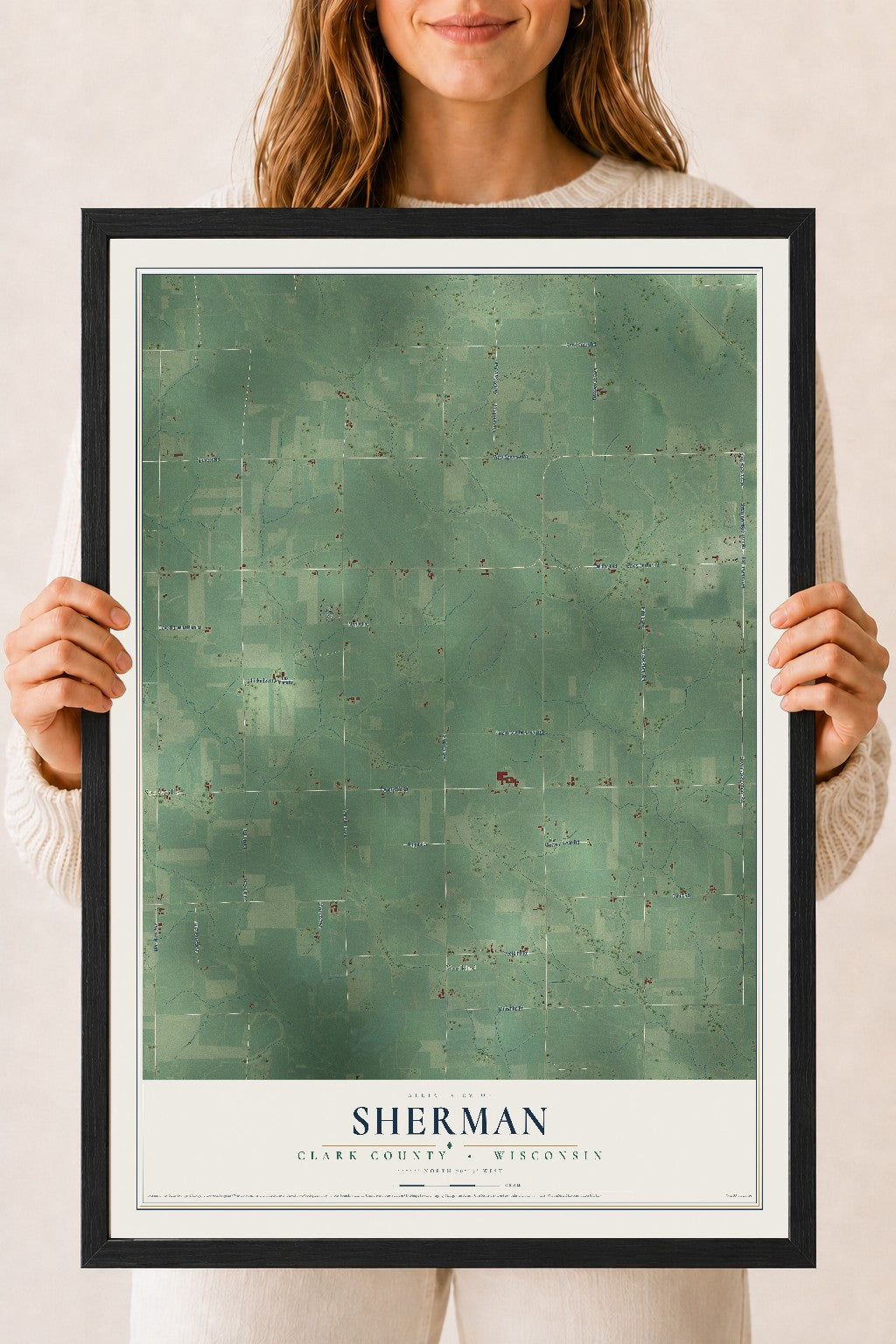 Map of Sherman, Clark County, Wisconsin, 18 x 24 inch print in a black wood frame