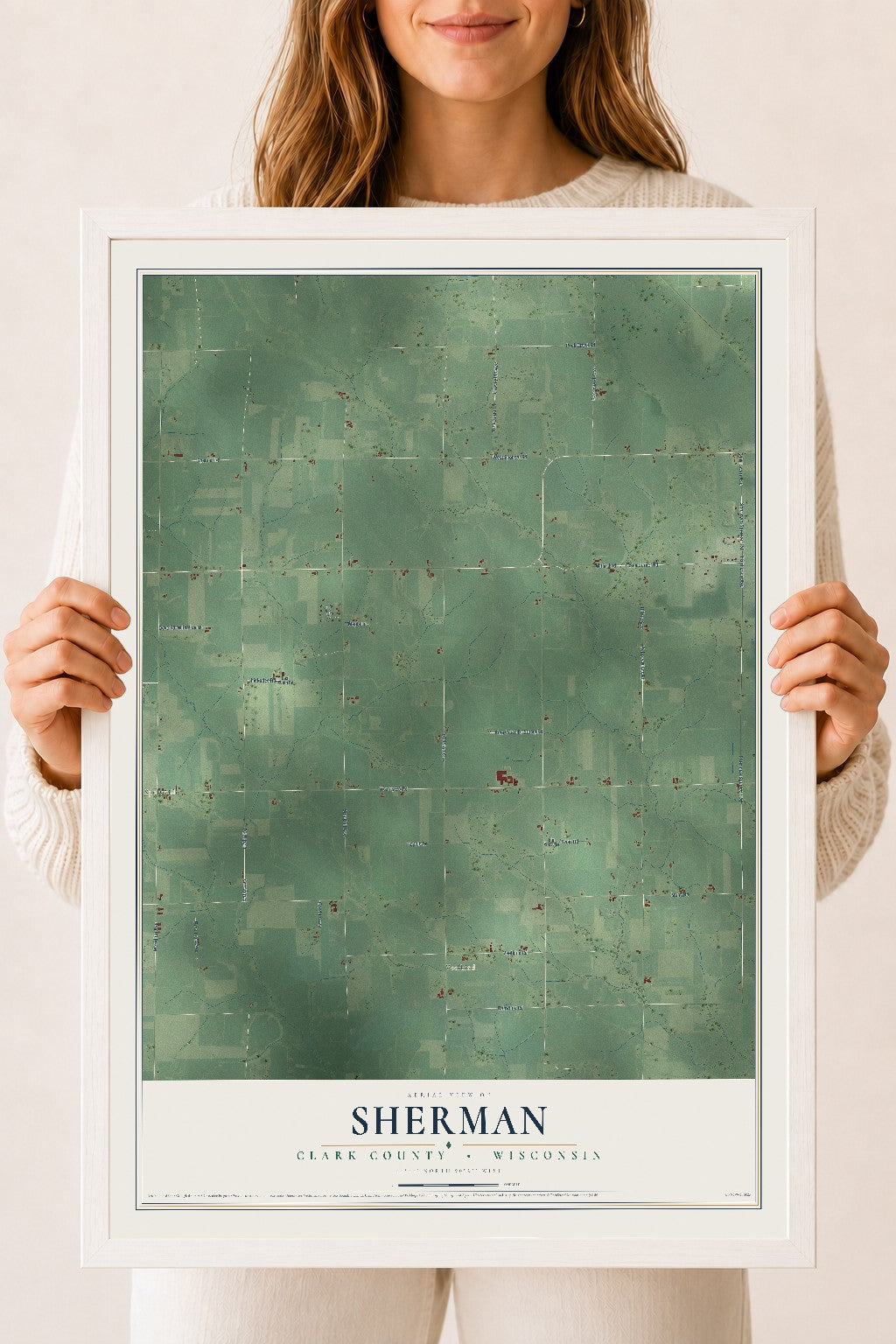 Map of Sherman, Clark County, Wisconsin, 18 x 24 inch print in a white wood frame
