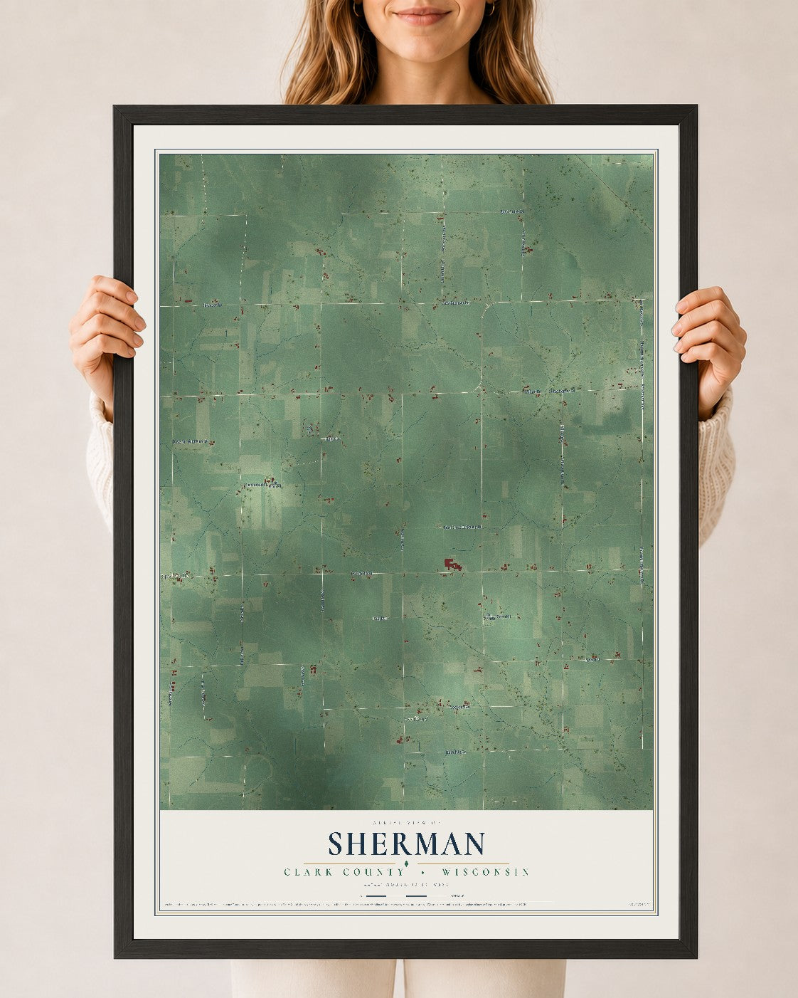 Map of Sherman, Clark County, Wisconsin, 24 x 36 inch print in a black wood frame