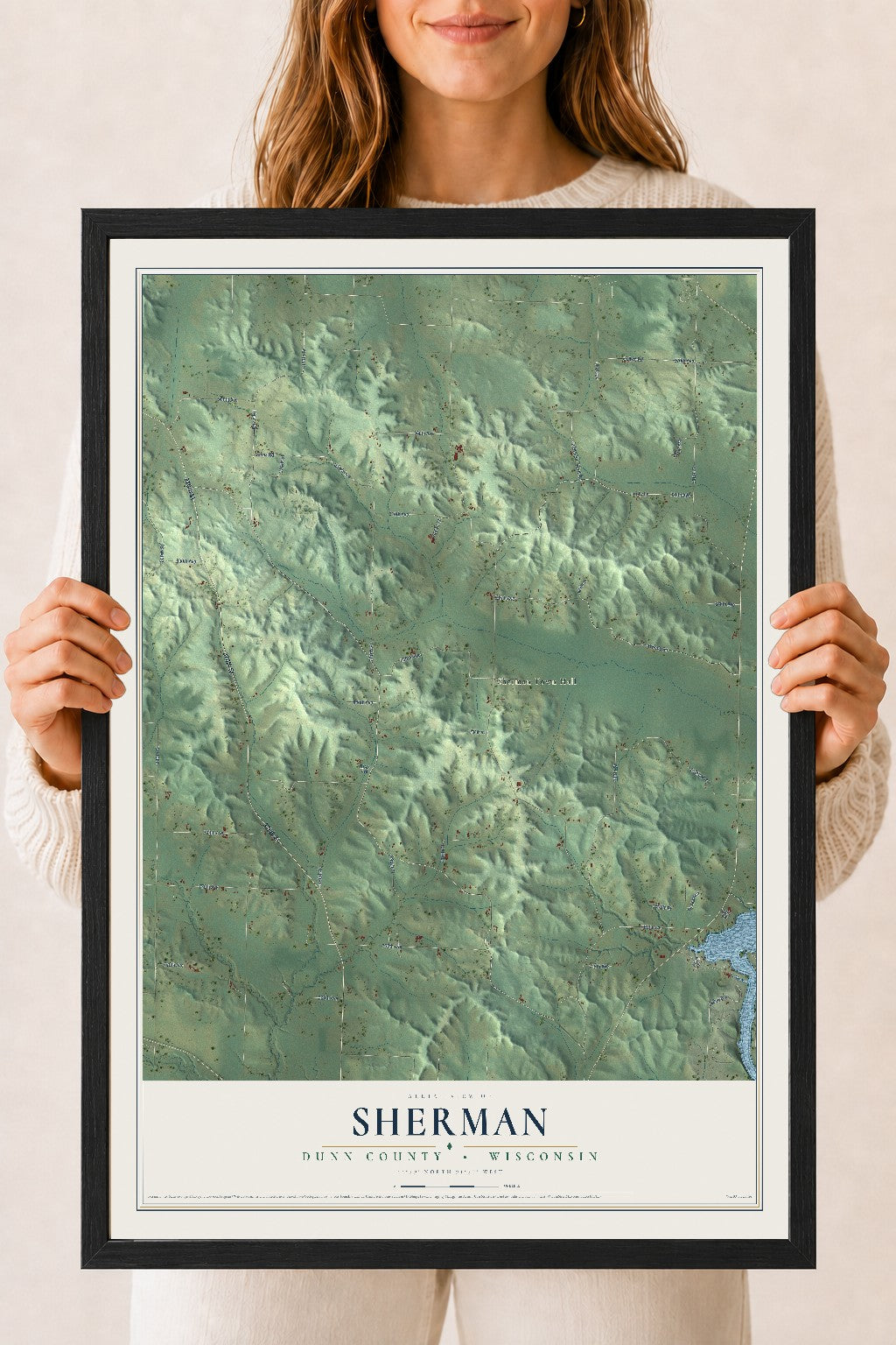 Map of Sherman, Dunn County, Wisconsin, 18 x 24 inch print in a black wood frame