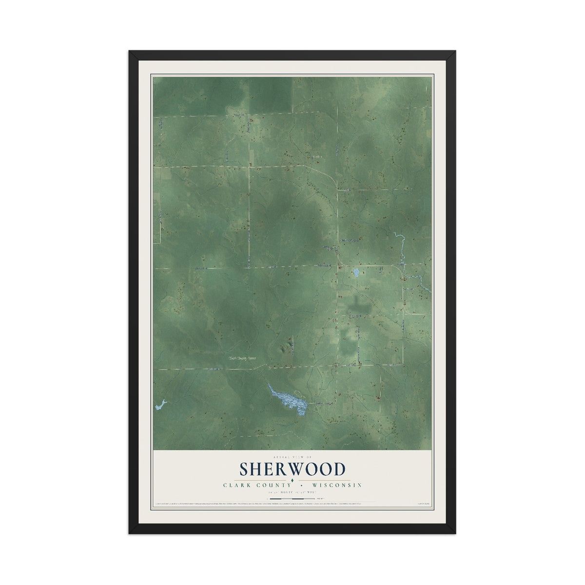 Map of Sherwood, Clark County, Wisconsin, 12 x 18 inch print in a black wood frame