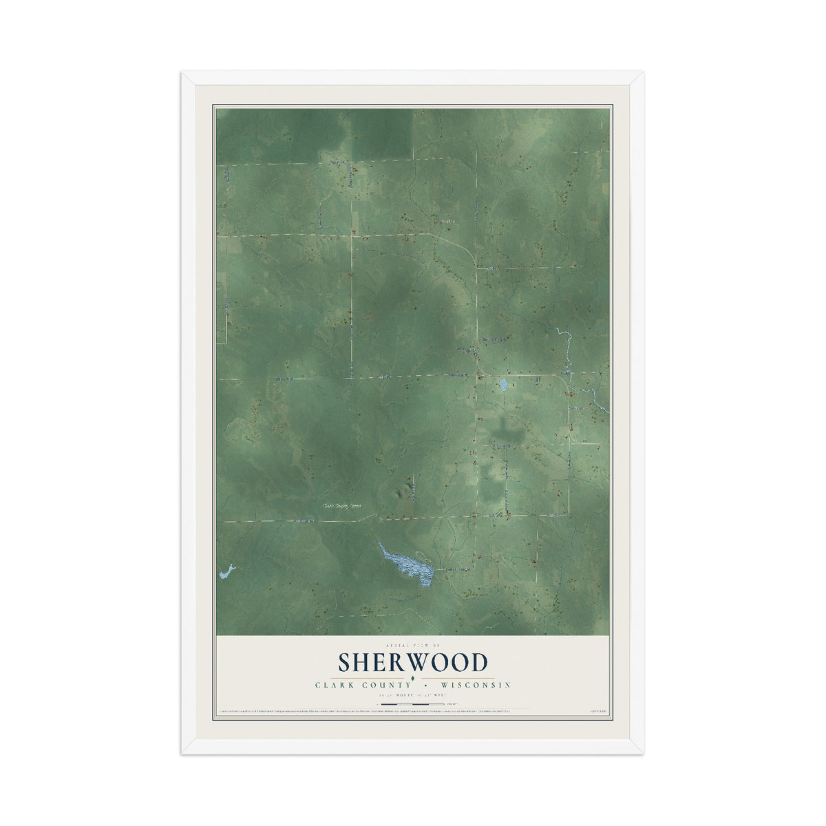 Map of Sherwood, Clark County, Wisconsin, 12 x 18 inch print in a white wood frame