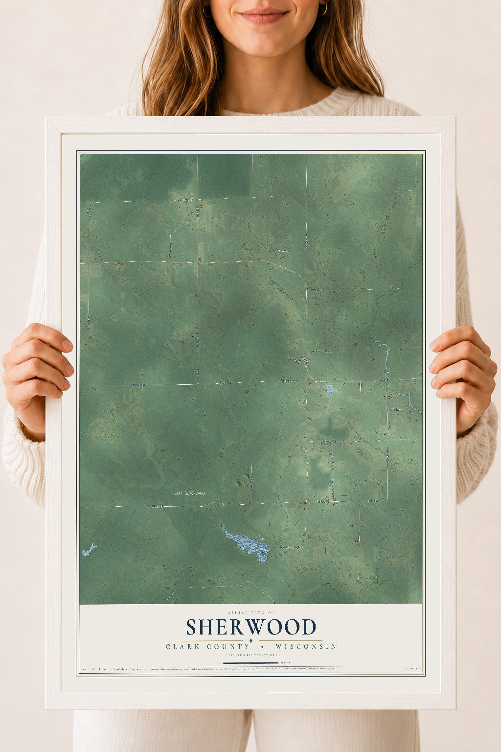 Map of Sherwood, Clark County, Wisconsin, 18 x 24 inch print in a white wood frame