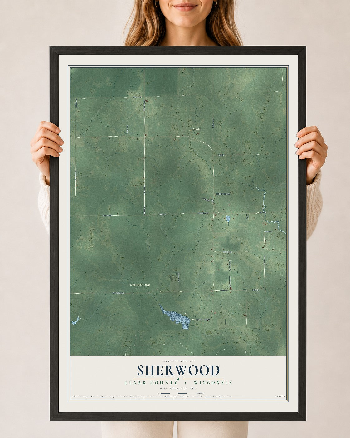 Map of Sherwood, Clark County, Wisconsin, 24 x 36 inch print in a black wood frame