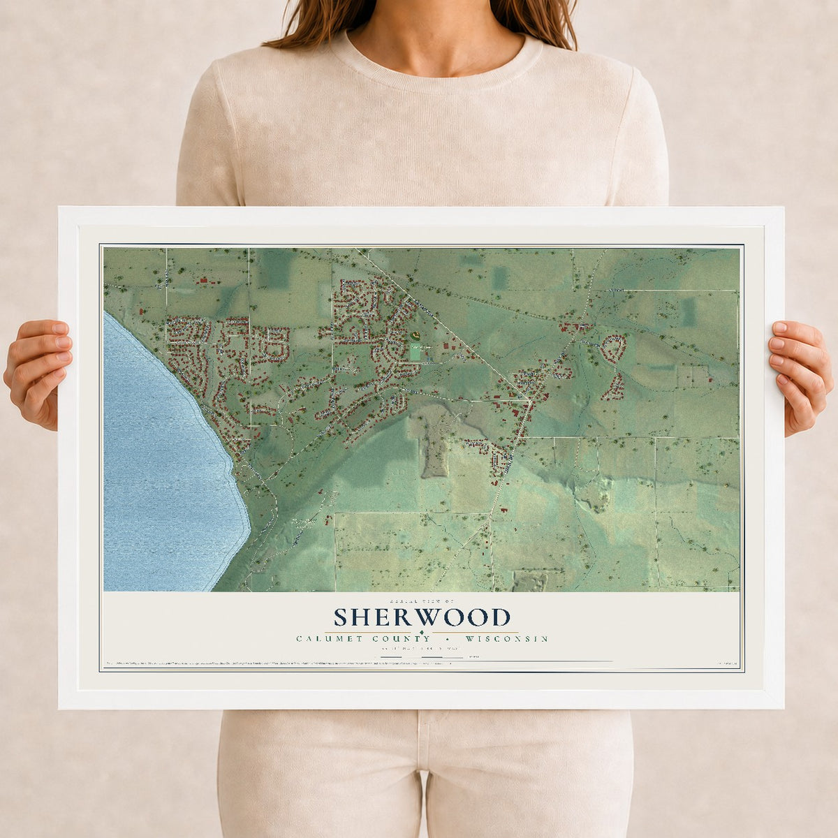 Map of Sherwood, Calumet County, Wisconsin, 12 x 18 inch print in a white wood frame