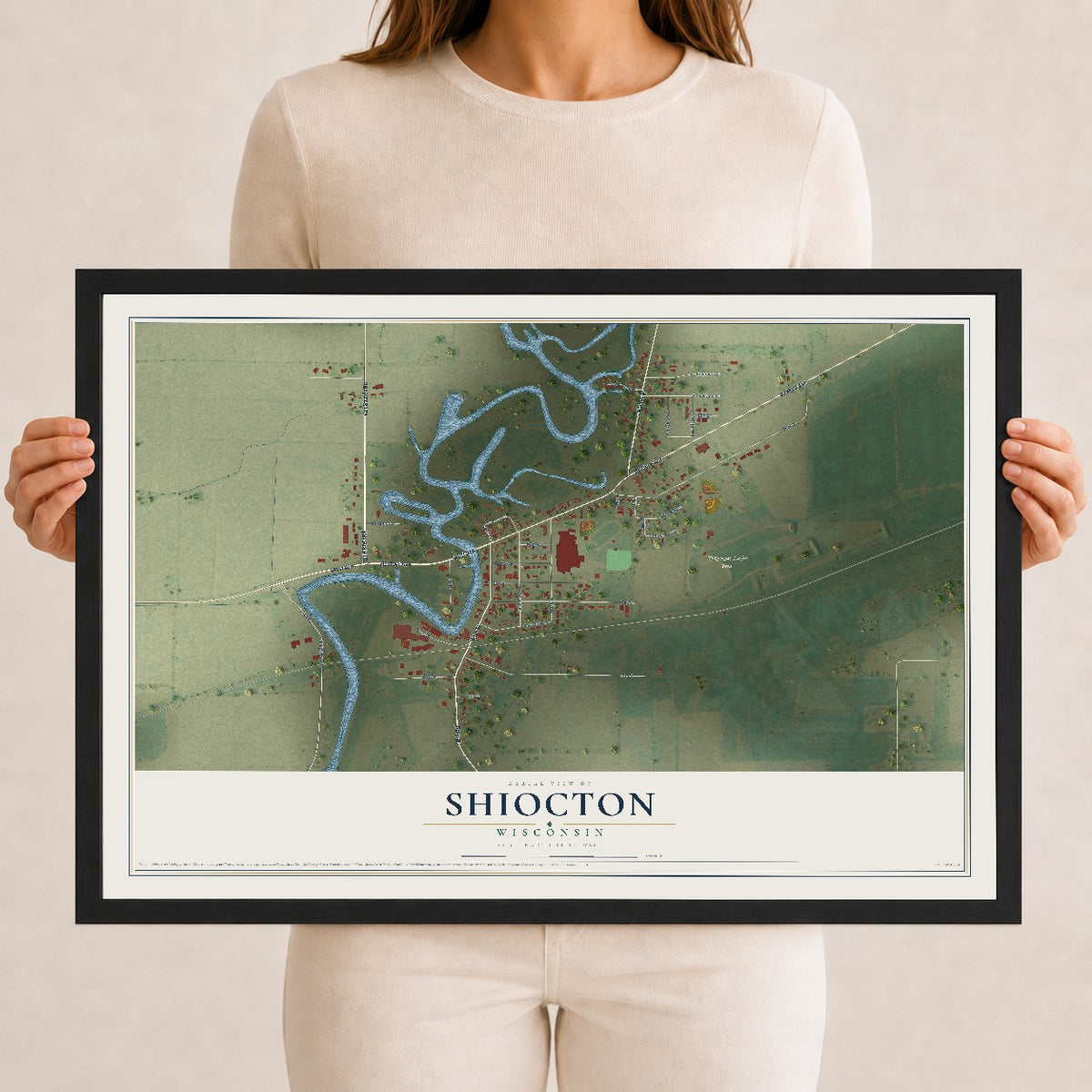 Map of Shiocton, Wisconsin, 12 x 18 inch print in a black wood frame