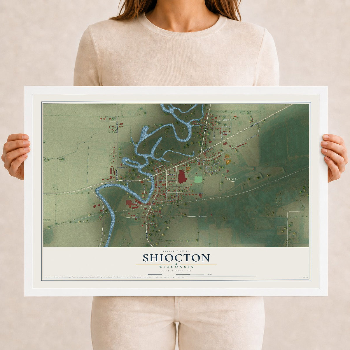 Map of Shiocton, Wisconsin, 12 x 18 inch print in a white wood frame